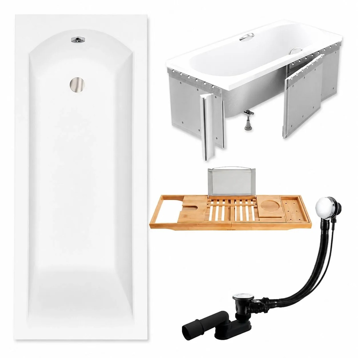 KOLMAN Badewanne Rechteck 180 x 80 Cm Mit Styroporverkleidung Mit Bambus Badewannenablage Inkl. Ablauf Und Füße