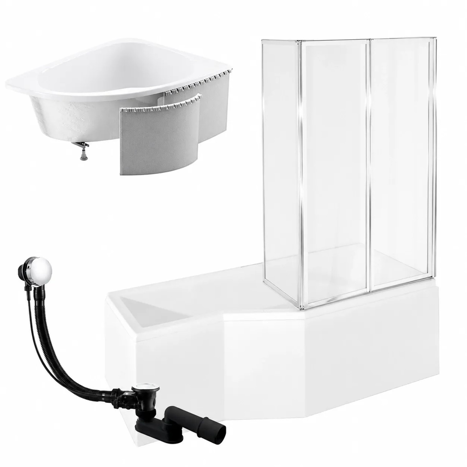 KOLMAN Badewanne Eckwanne 150 x 75 Cm Rechts Mit Styroporverkleidung Und Glasabtrennung 3-Teilig Inkl. Ablauf Und Füße