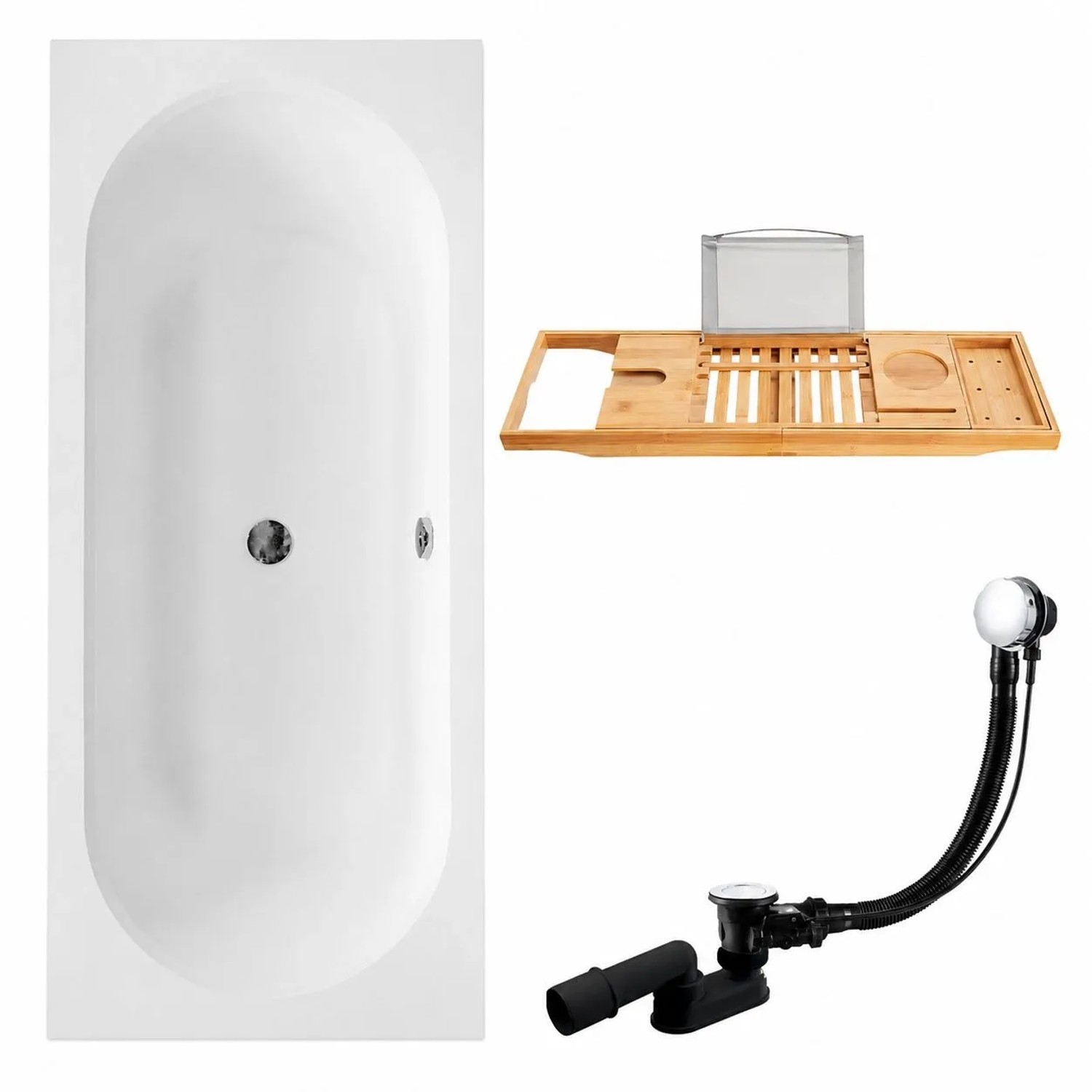 KOLMAN Badewanne Rechteck 170 x 75 Cm Mit Bambus Badewannenablage Inkl. Ablauf Und Füße
