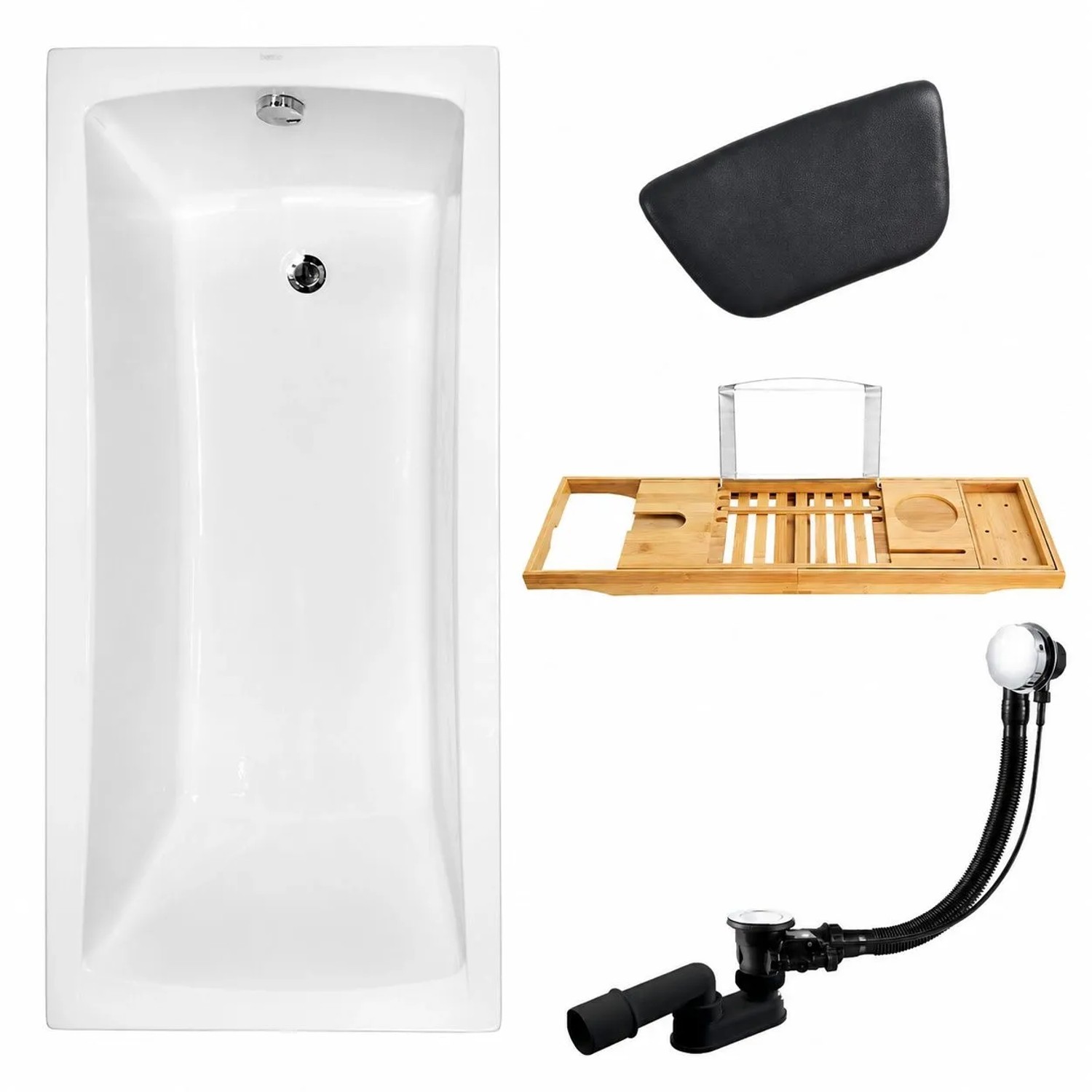 KOLMAN Badewanne Rechteck 170 x 70 Cm Mit Bambus Badewannenablage Mit Kopfstütze KODI Inkl. Ablauf Und Füße