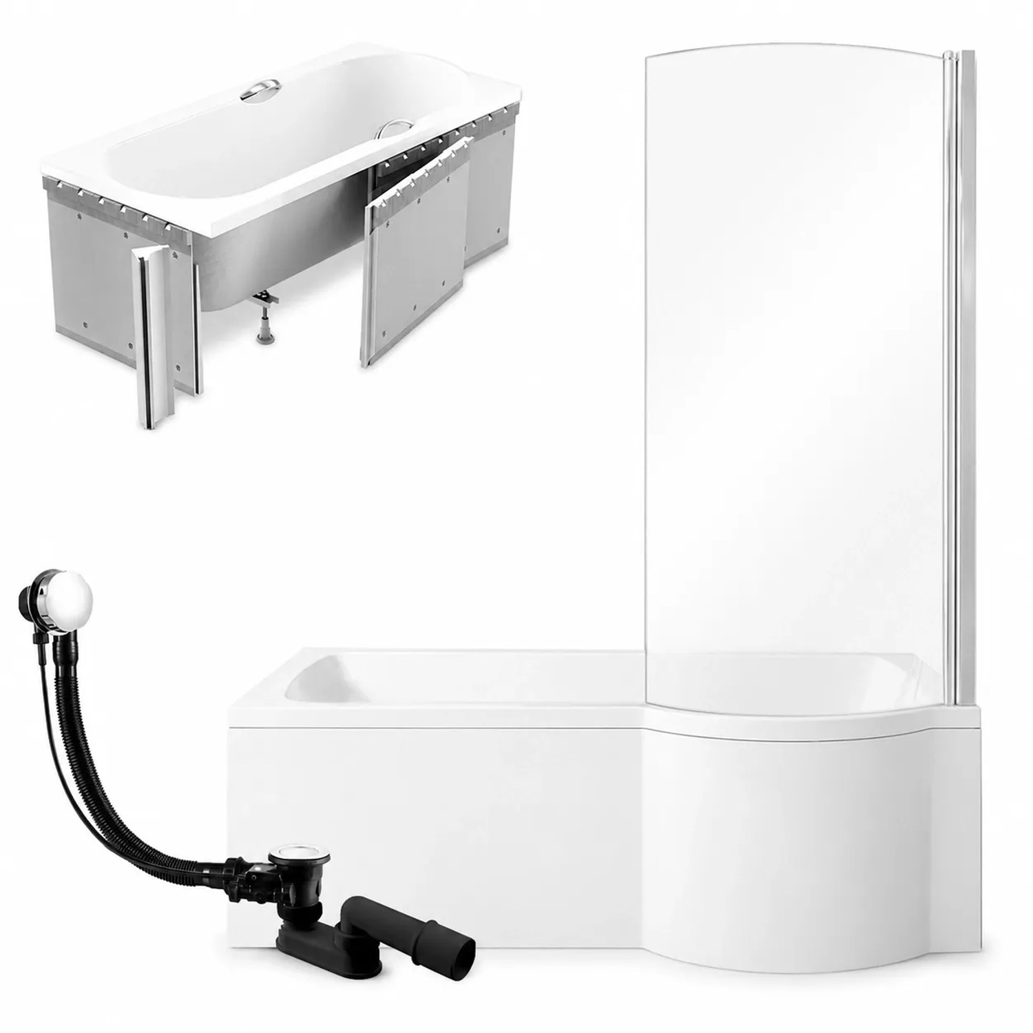KOLMAN Badewanne Rechteck 170 x 70 Cm Rechts Mit Styroporverkleidung Inkl. Ablauf Und Füße Mit Glasabtrennung