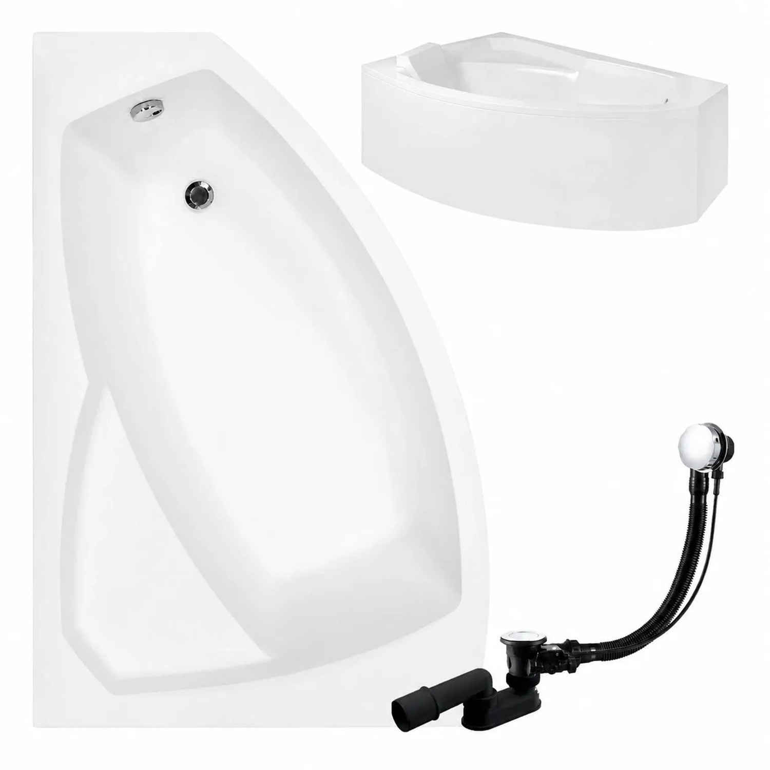 KOLMAN Badewanne Eckwanne 140 x 90 Cm Links Mit Acrylschürze Und Schwarzer Kopfstützen Inkl. Ablauf Und Füße