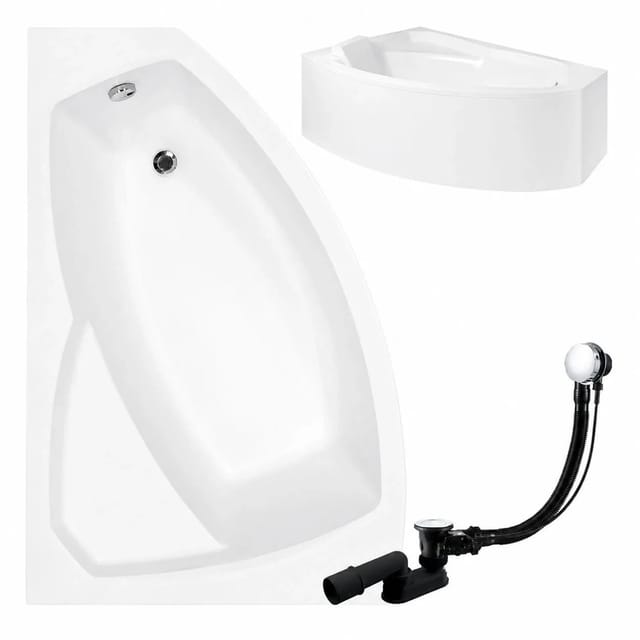 KOLMAN Badewanne Eckwanne 170 x 110 Cm Links Mit Acrylschürze Und Weißer Kopfstützen Inkl. Ablauf Und Füße