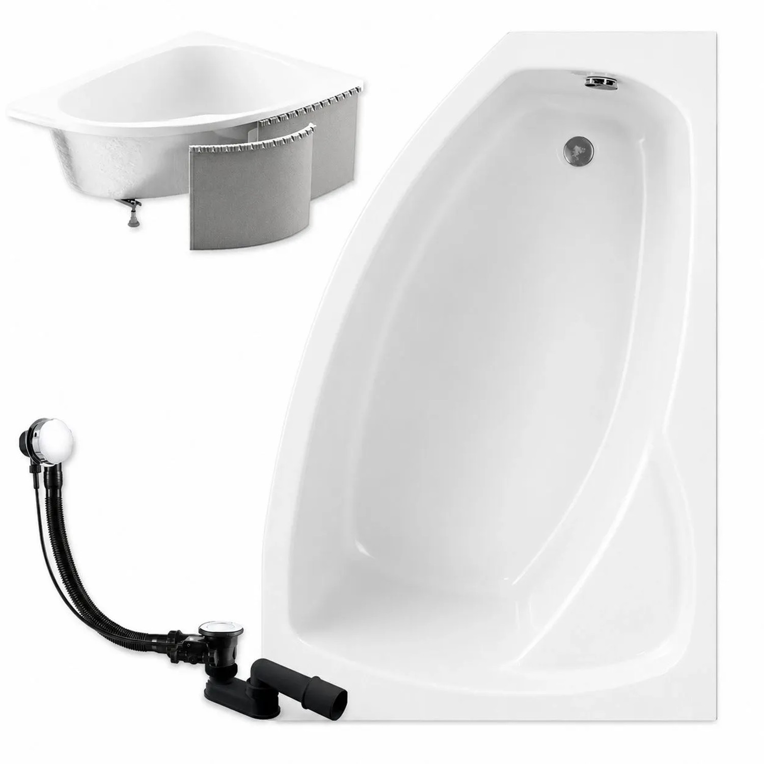 KOLMAN Badewanne Eckwanne 150 x 90 Cm Rechts Mit Styroporverkleidung Inkl. Ablauf Und Füße