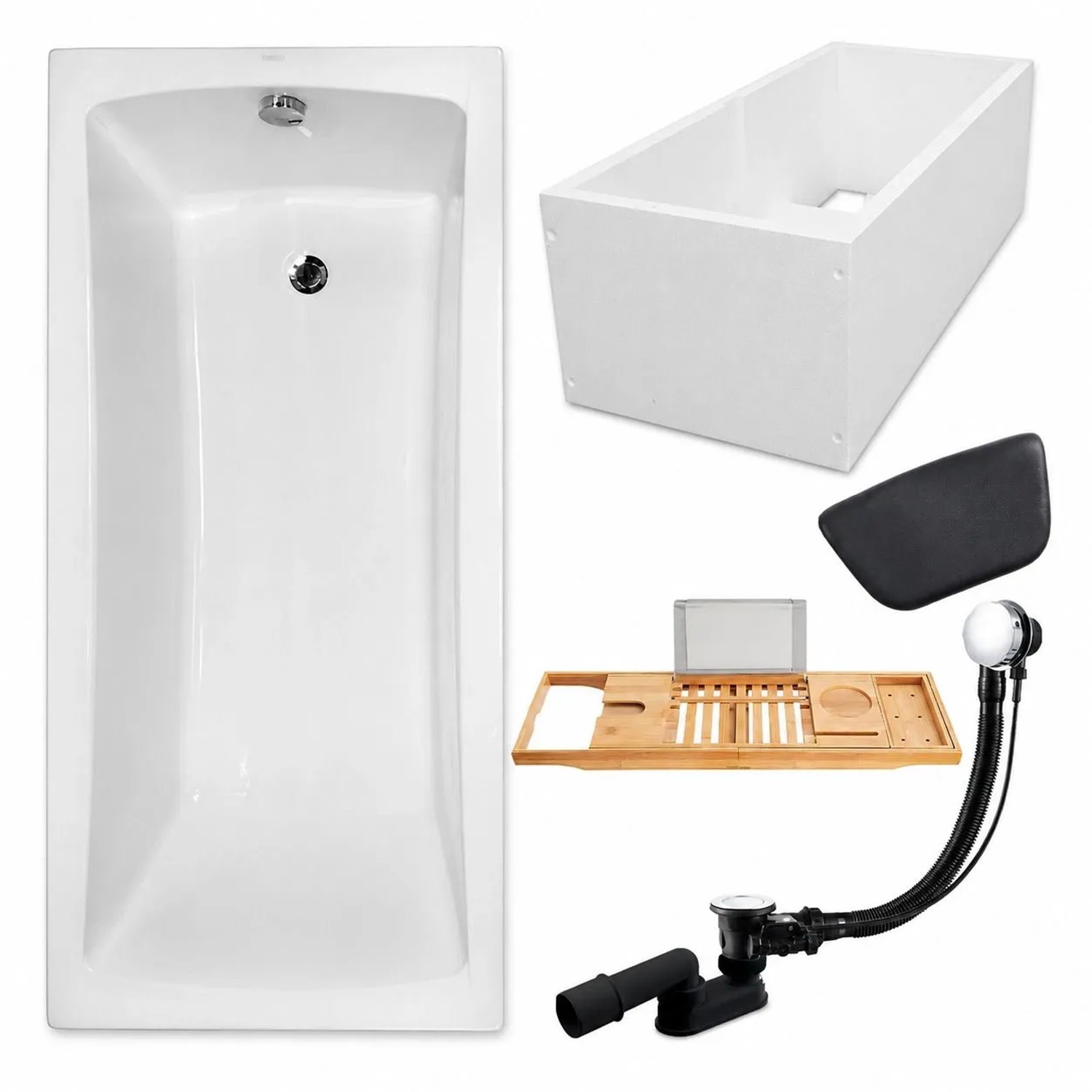 KOLMAN Badewanne Rechteck 150 x 70 Cm Mit Wannenträger Mit Bambus Badewannenablage Mit Kopfstütze KODI Inkl. Ablauf Und Füße