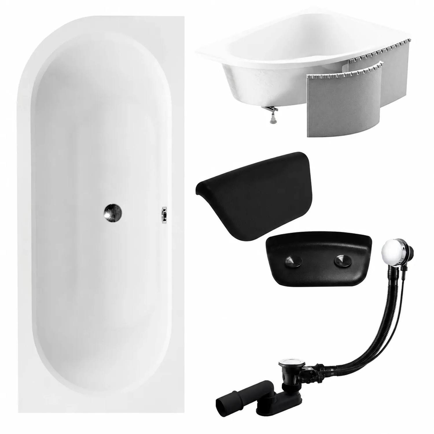 KOLMAN Badewanne Eckwanne 150 x 75 Cm Rechts Mit Styroporverkleidung Mit Kopfstütze KODI Inkl. Ablauf Und Füße