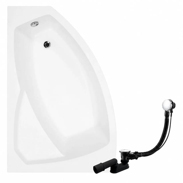 KOLMAN Badewanne Eckwanne 150 x 95 Cm Links Mit Schwarzer Kopfstützen Inkl. Ablauf Und Füße