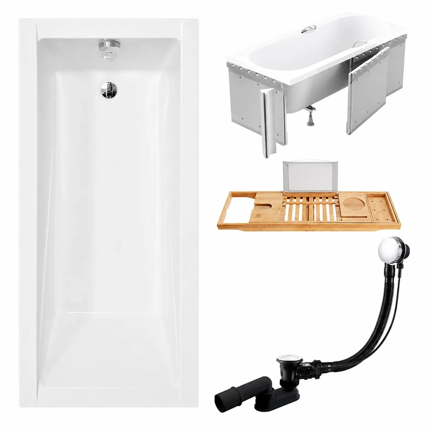 KOLMAN Badewanne Rechteck 170 x 70 Cm Mit Styroporverkleidung Mit Bambus Badewannenablage Inkl. Ablauf Und Füße