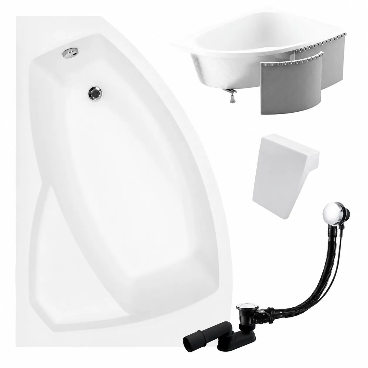 KOLMAN Badewanne Eckwanne 140 x 90 Cm Links Mit Styroporverkleidung Und Weißer Kopfstützen Inkl. Ablauf Und Füße