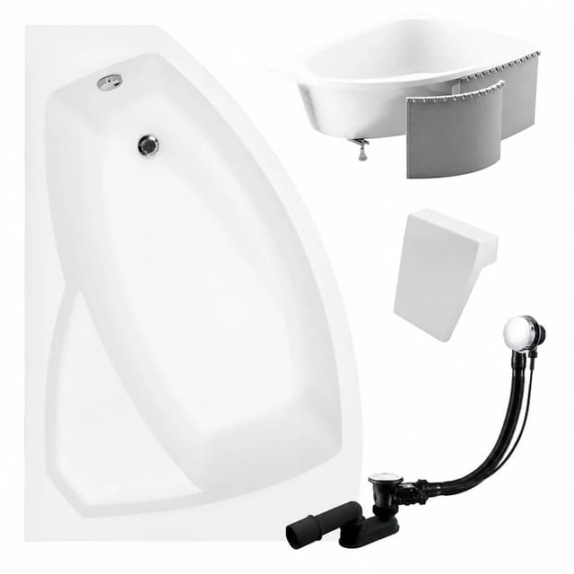 KOLMAN Badewanne Eckwanne 140 x 90 Cm Links Mit Styroporverkleidung Und Weißer Kopfstützen Inkl. Ablauf Und Füße