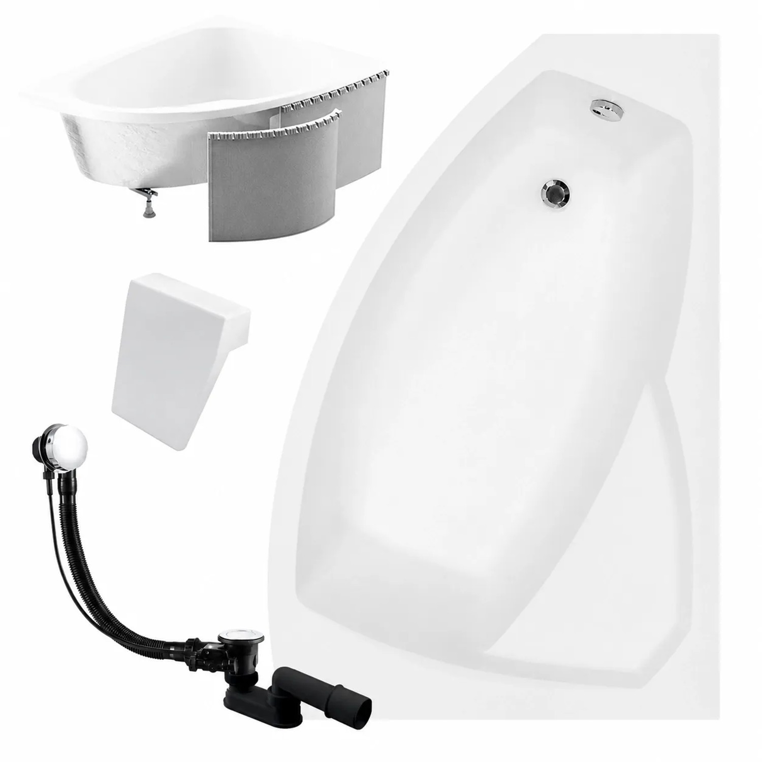 KOLMAN Badewanne Eckwanne 160 x 100 Cm Rechts Mit Styroporverkleidung Und Weißer Kopfstützen Inkl. Ablauf Und Füße