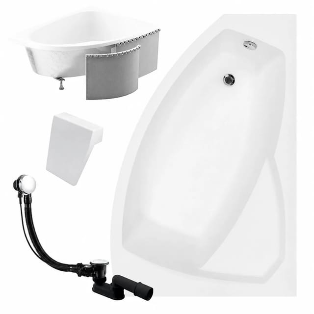 KOLMAN Badewanne Eckwanne 160 x 100 Cm Rechts Mit Styroporverkleidung Und Weißer Kopfstützen Inkl. Ablauf Und Füße