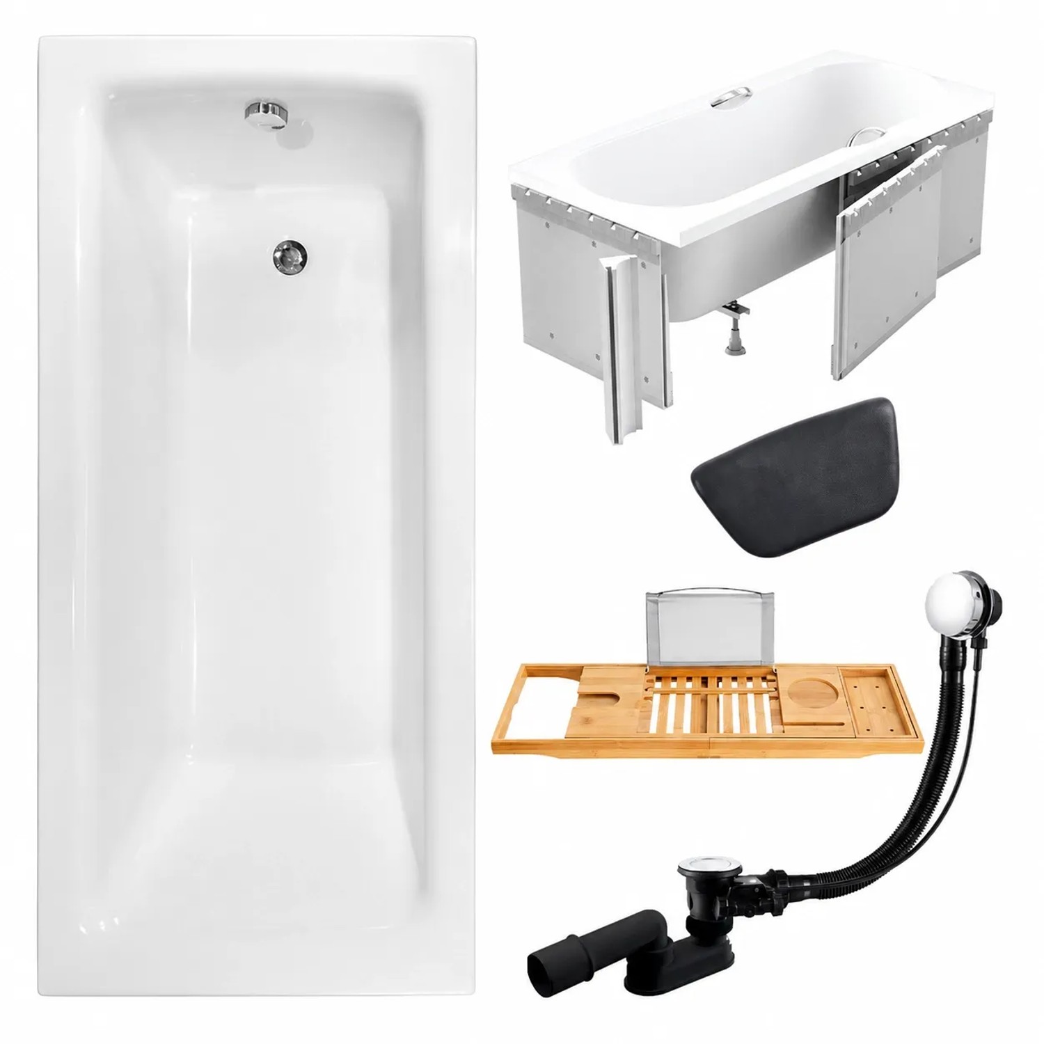 KOLMAN Badewanne Rechteck 100 x 70 Cm Mit Styroporverkleidung Mit Bambus Badewannenablage Mit Kopfstütze KODI Inkl. Ablauf Und Füße