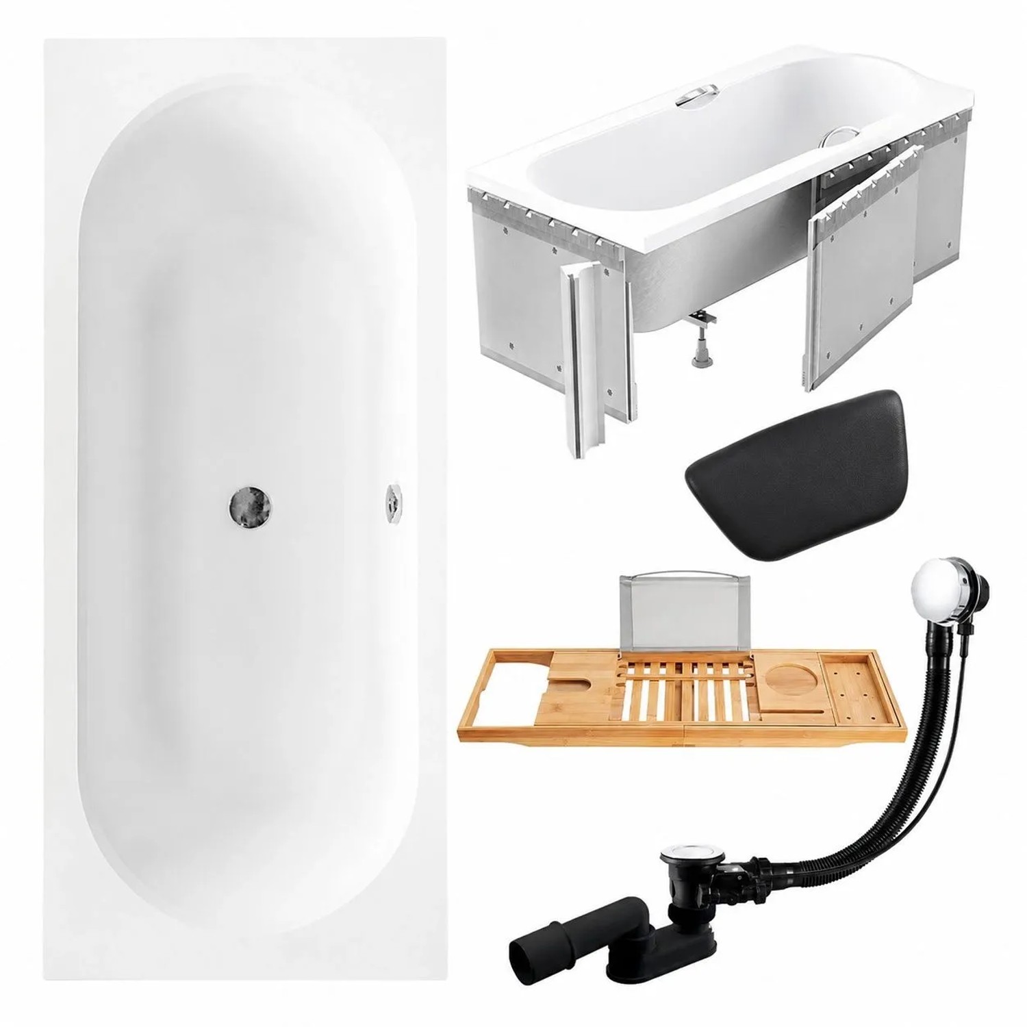 KOLMAN Badewanne Rechteck 180 x 80 Cm Mit Styroporverkleidung Mit Bambus Badewannenablage Mit Kopfstütze Inkl. Ablauf Und Füße