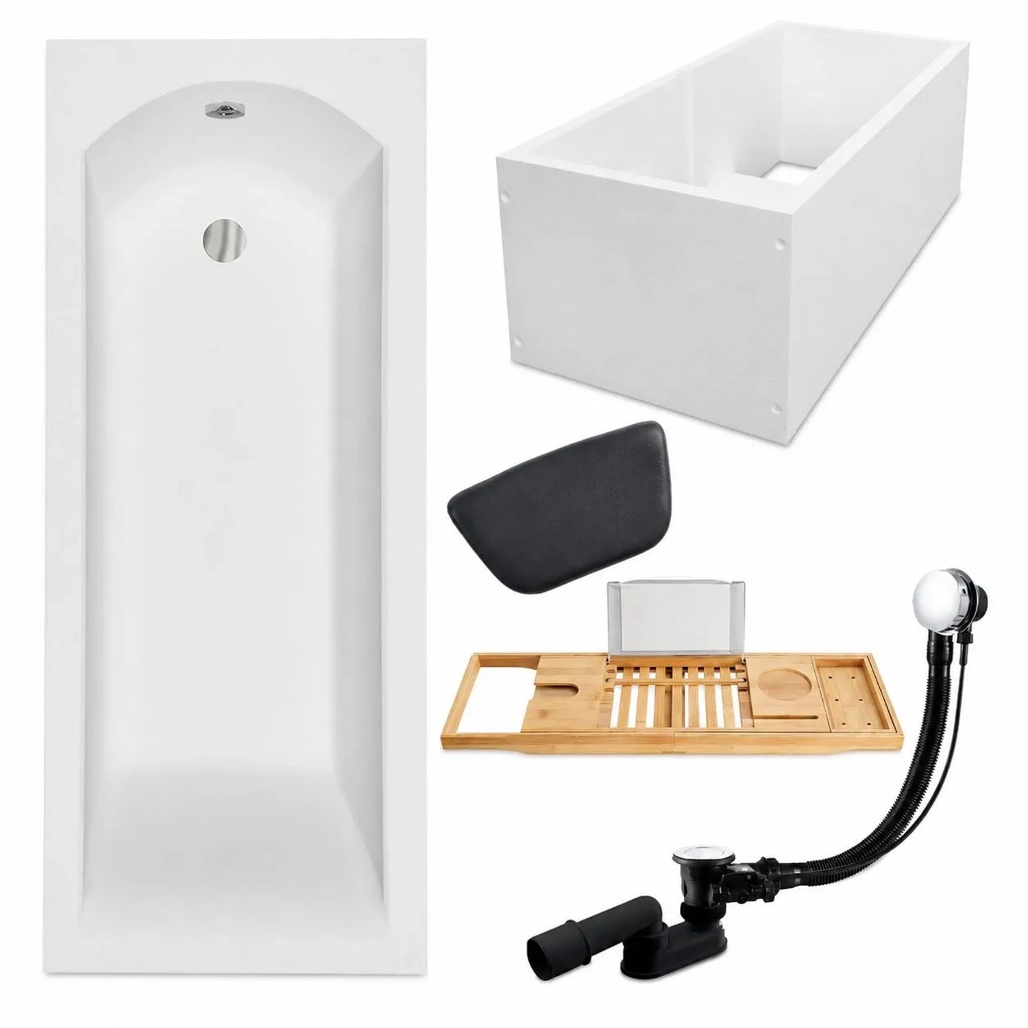 KOLMAN Badewanne Rechteck 170 x 70 Cm Mit Wannenträger Mit Bambus Badewannenablage Mit Kopfstütze KODI Inkl. Ablauf Und Füße