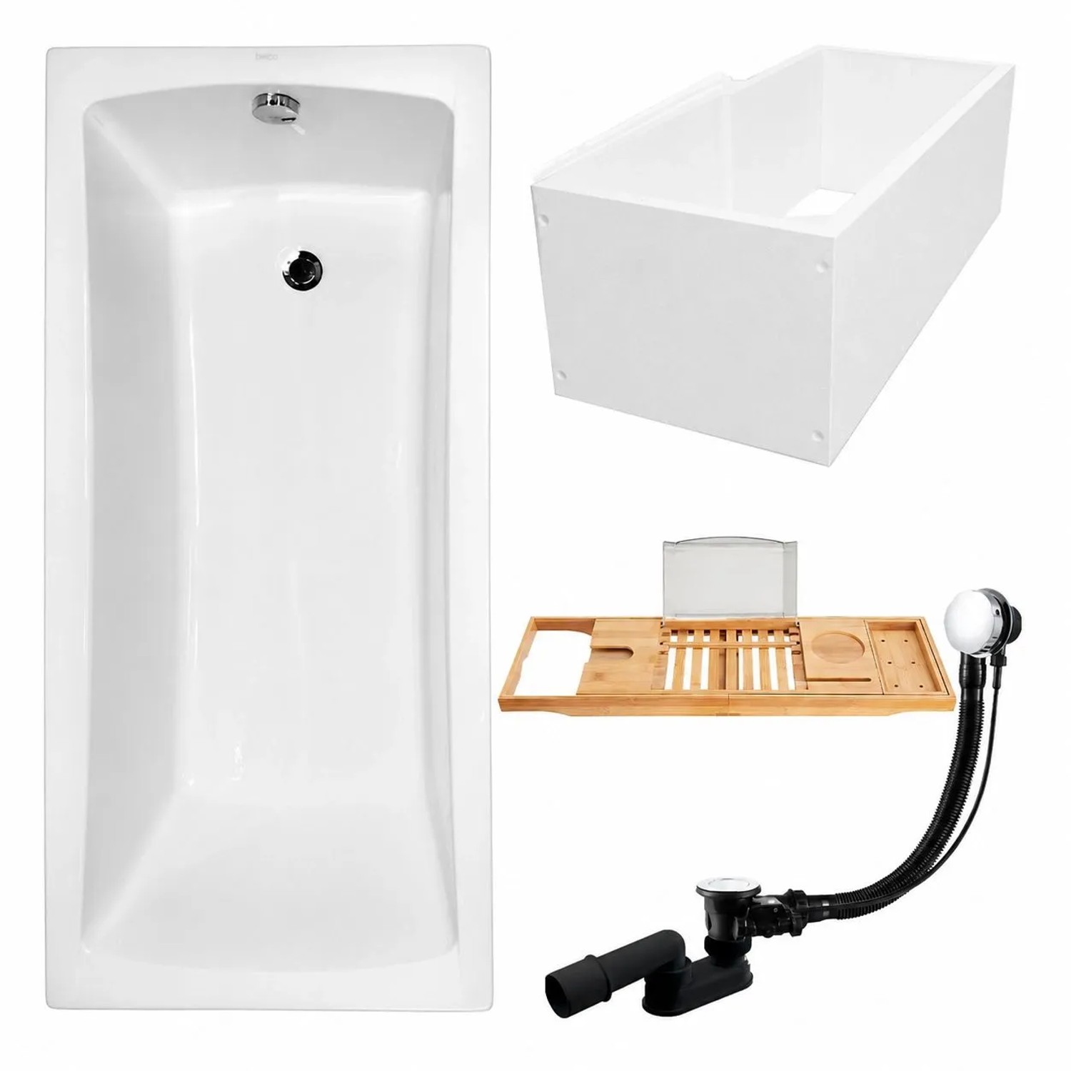 KOLMAN Badewanne Rechteck 160 x 70 Cm Mit Wannenträger Mit Bambus Badewannenablage Inkl. Ablauf Und Füße
