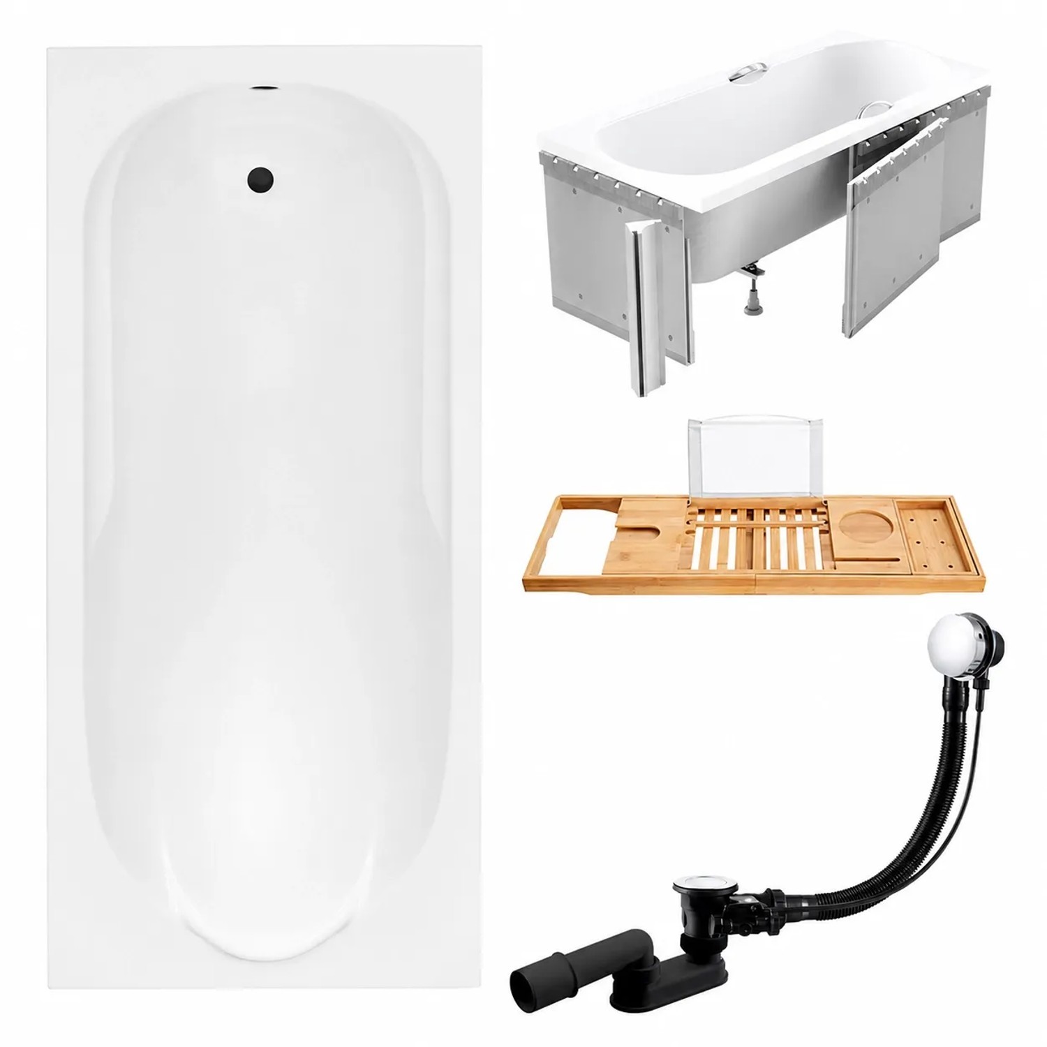 KOLMAN Badewanne Rechteck 190 x 80 Cm Mit Styroporverkleidung Mit Bambus Badewannenablage Inkl. Ablauf Und Füße