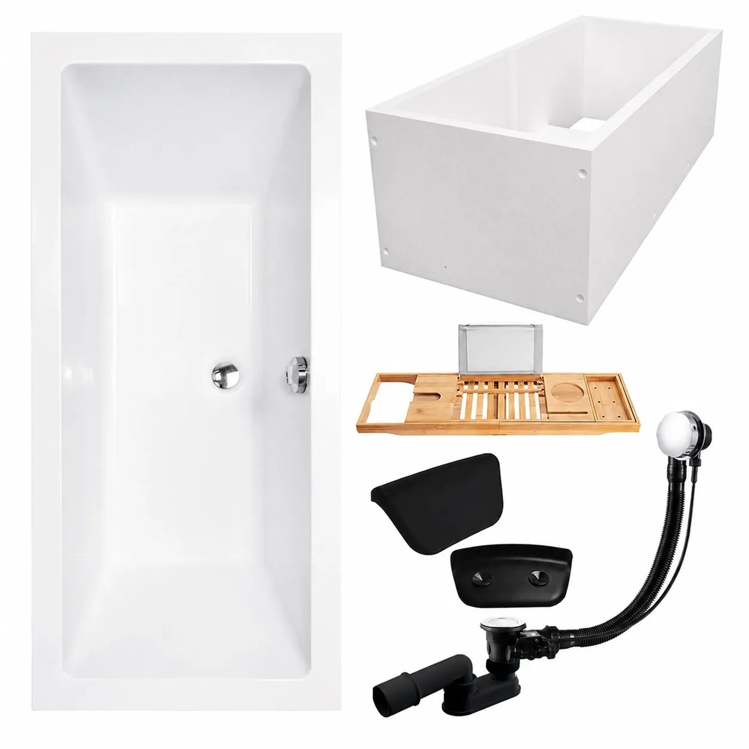 KOLMAN Badewanne Rechteck 170 x 75 Cm Mit Wannenträger Mit Bambus Badewannenablage Mit Kopfstütze KODI Inkl. Ablauf Und Füße