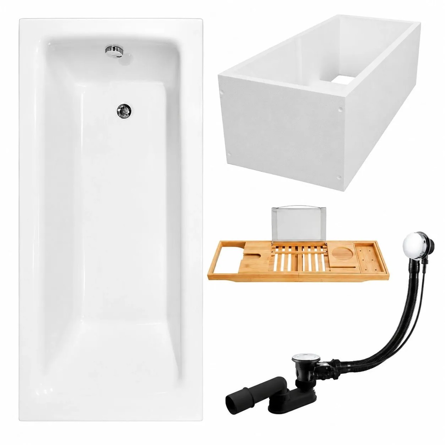 KOLMAN Badewanne Rechteck 170 x 75 Cm Mit Wannenträger Mit Bambus Badewannenablage Inkl. Ablauf Und Füße