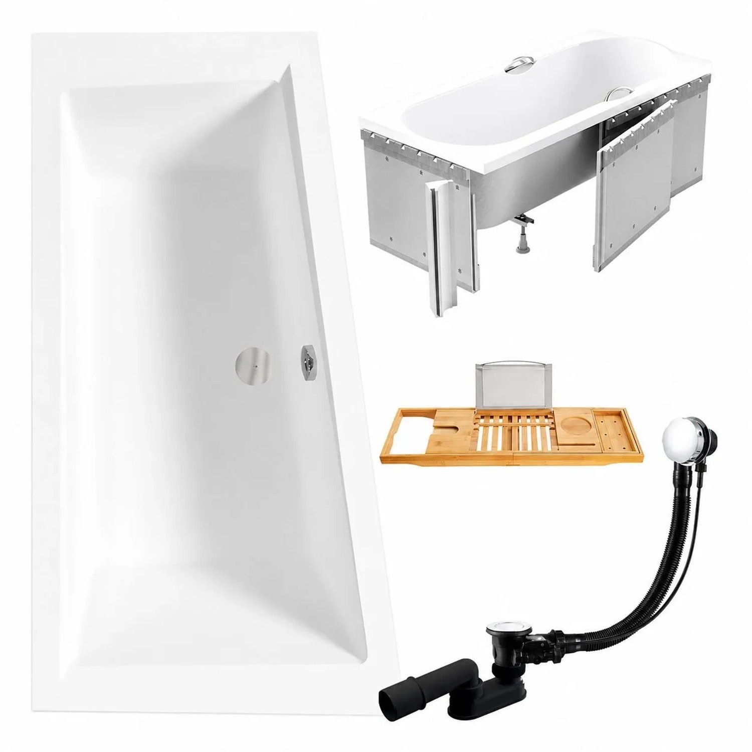 KOLMAN Badewanne Eckwanne Links 150 x 85 Cm Mit Styroporverkleidung Mit Bambus Badewannenablage Inkl. Ablauf Und Füße