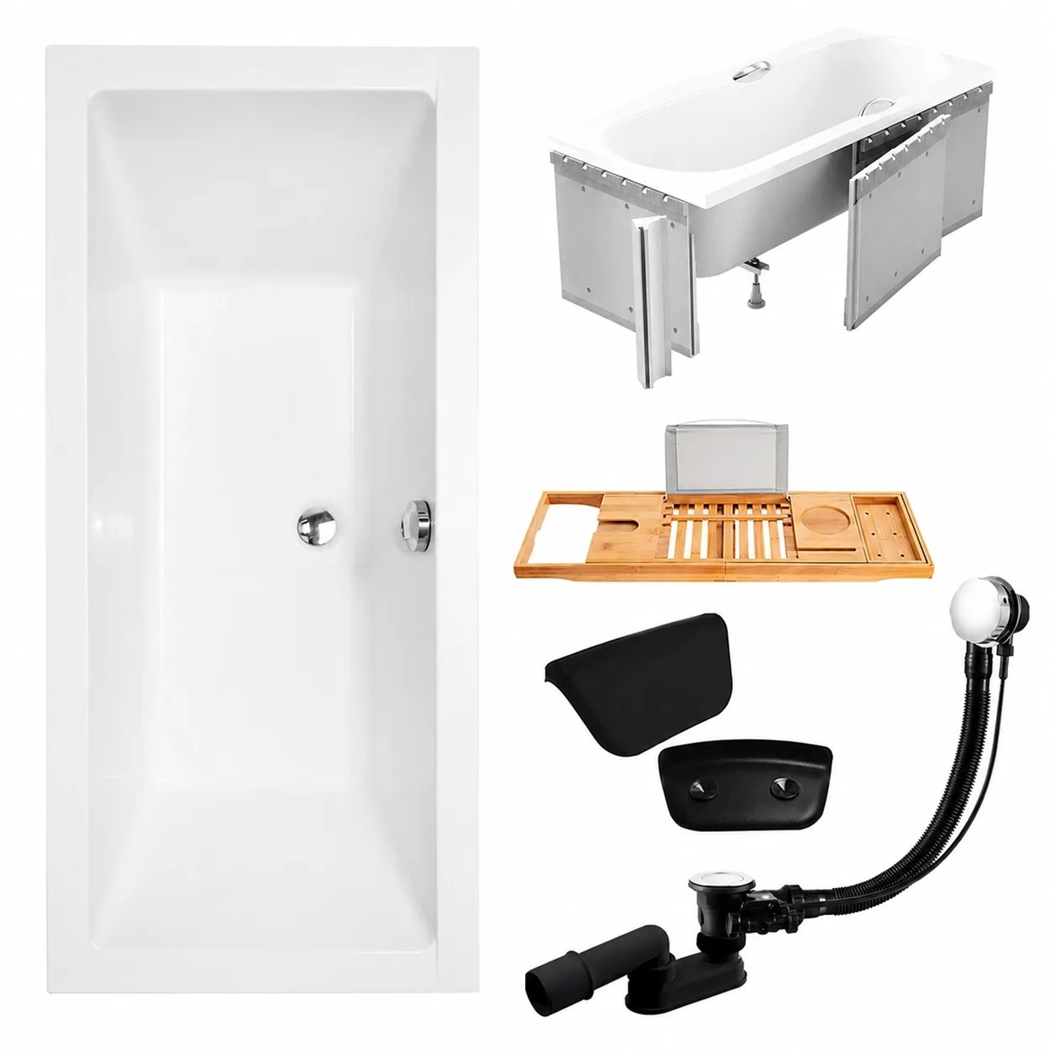 KOLMAN Badewanne Rechteck 175 x 80 Cm Mit Styroporverkleidung Mit Bambus Badewannenablage Mit Kopfstütze KODI Inkl. Ablauf Und Füße
