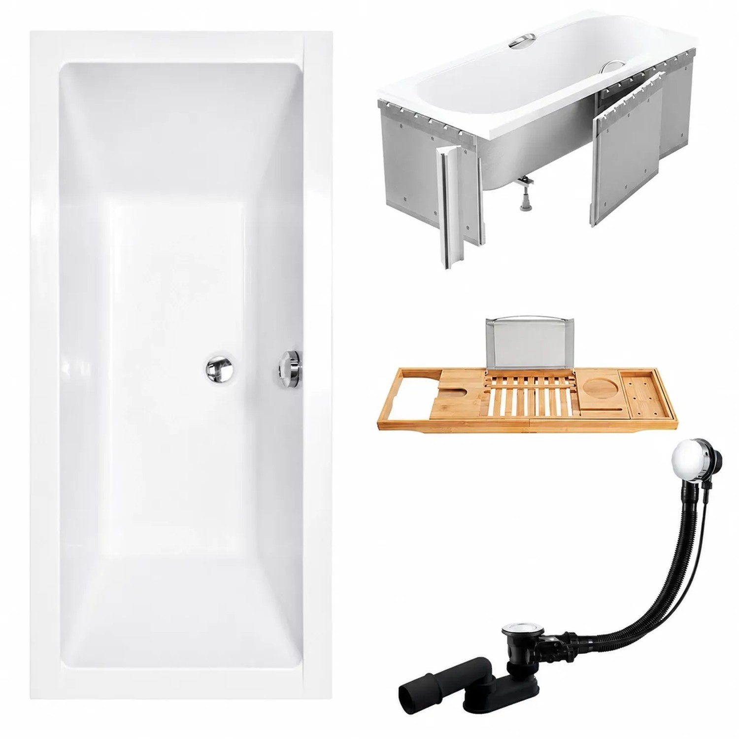 KOLMAN Badewanne Rechteck 155 x 70 Cm Mit Styroporverkleidung Mit Bambus Badewannenablage Inkl. Ablauf Und Füße