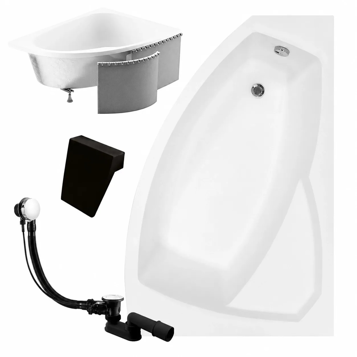KOLMAN Badewanne Eckwanne 150 x 95 Cm Rechts Mit Styroporverkleidung Und Schwarzer Kopfstützen Inkl. Ablauf Und Füße