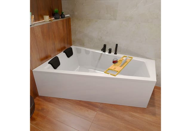 KOLMAN Badewanne Eckwanne Links 150 x 85 Cm Mit Styroporverkleidung Mit Bambus Badewannenablage Mit 2 Kopfstützen KODI Inkl. Ablauf Und Füße