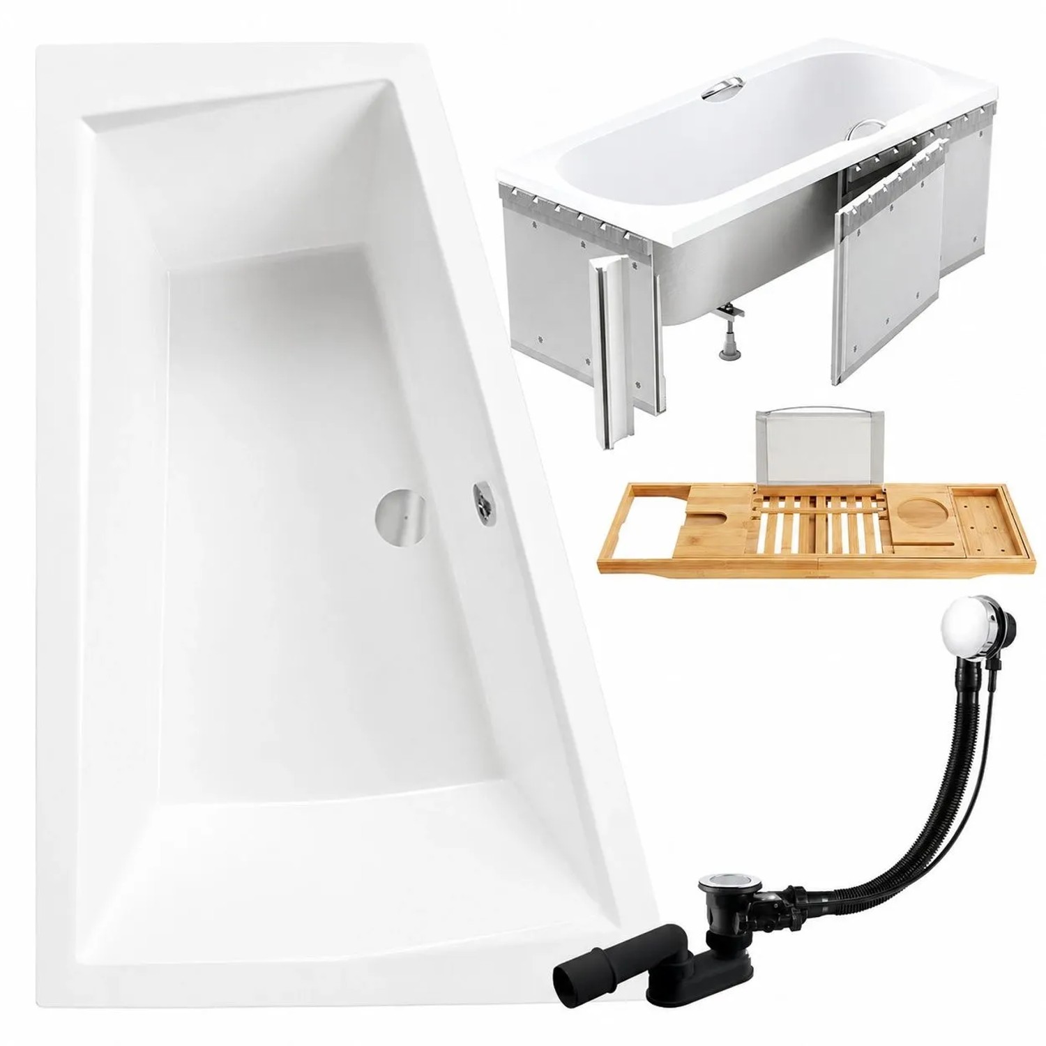 KOLMAN Badewanne Eckwanne Links 170 x 125 Cm Mit Styroporverkleidung Mit Bambus Badewannenablage Inkl. Ablauf Und Füße