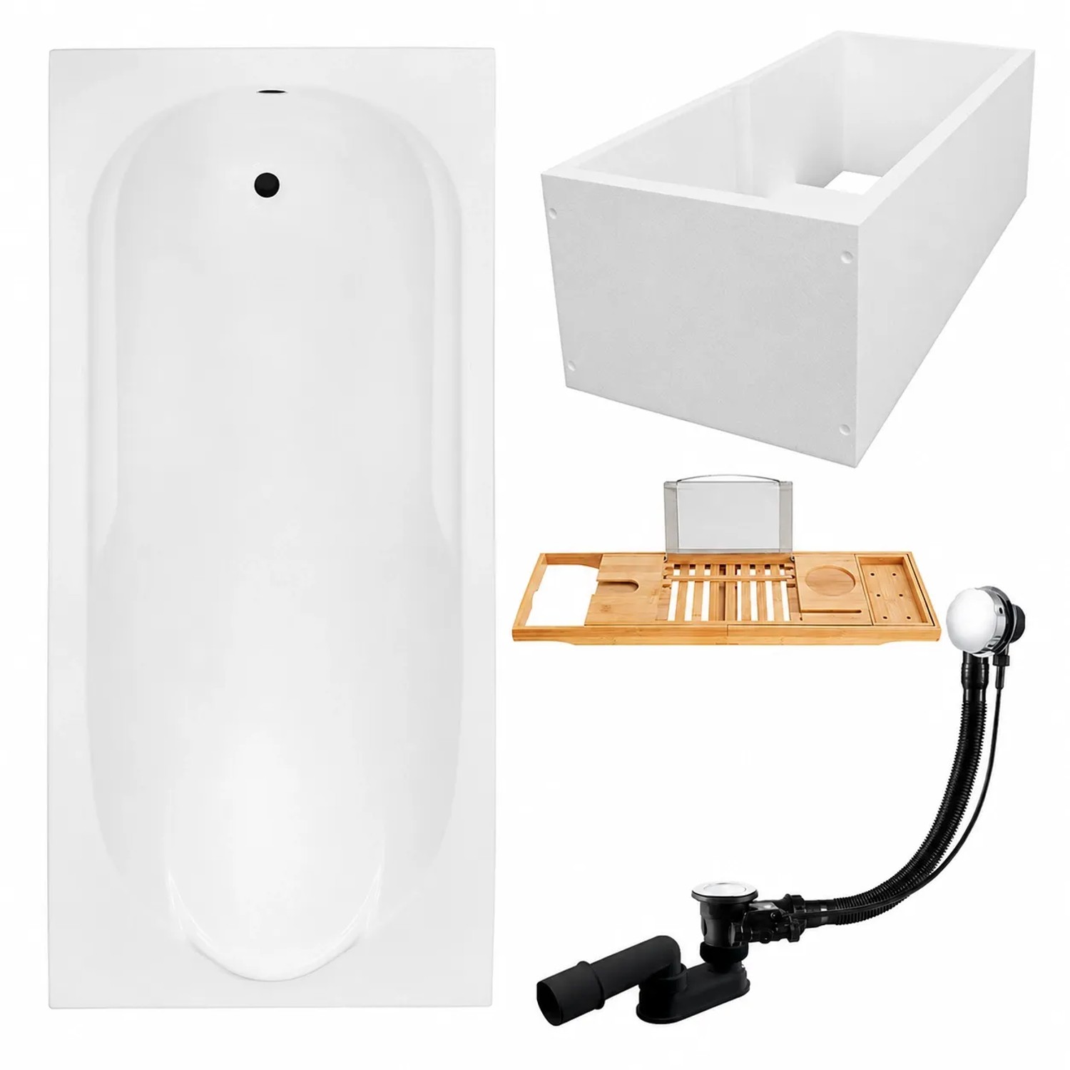 KOLMAN Badewanne Rechteck 140 x 70 Cm Mit Wannenträger Mit Bambus Badewannenablage Inkl. Ablauf Und Füße