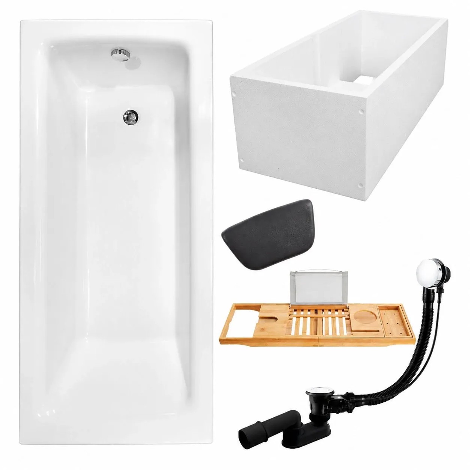 KOLMAN Badewanne Rechteck 120 x 70 Cm Mit Wannenträger Mit Bambus Badewannenablage Mit Kopfstütze KODI Inkl. Ablauf Und Füße