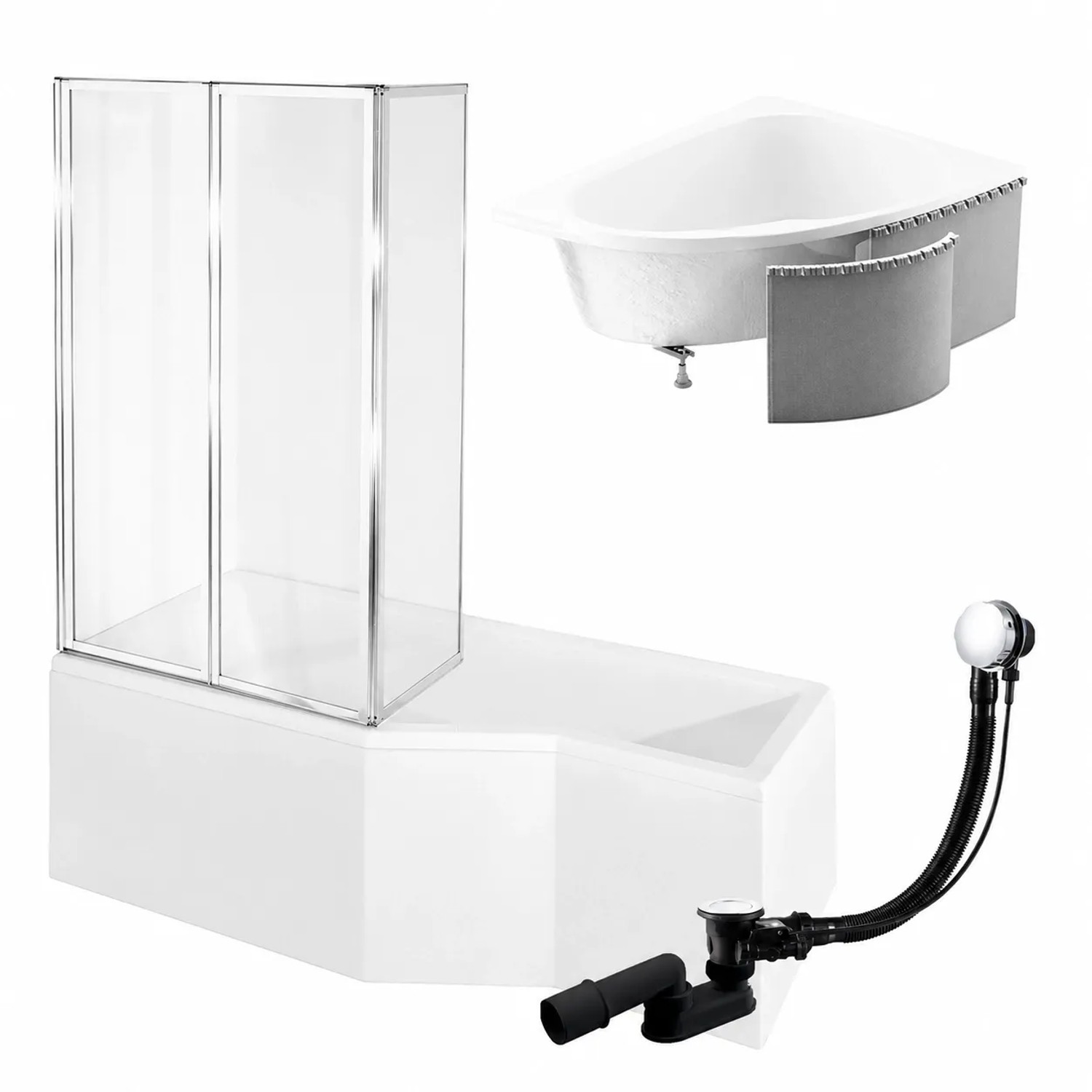KOLMAN Badewanne Eckwanne 150 x 75 Cm Links Mit Styroporverkleidung Und Glasabtrennung 3-Teilig Inkl. Ablauf Und Füße