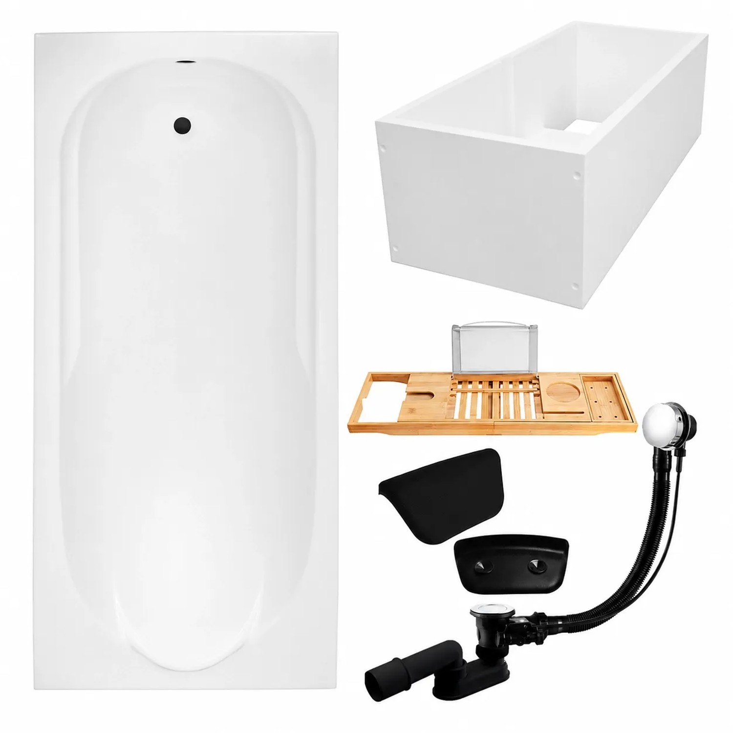 KOLMAN Badewanne Rechteck 190 x 80 Cm Mit Styroporverkleidung Mit Bambus Badewannenablage Mit Kopfstütze KODI Inkl. Ablauf Und Füße