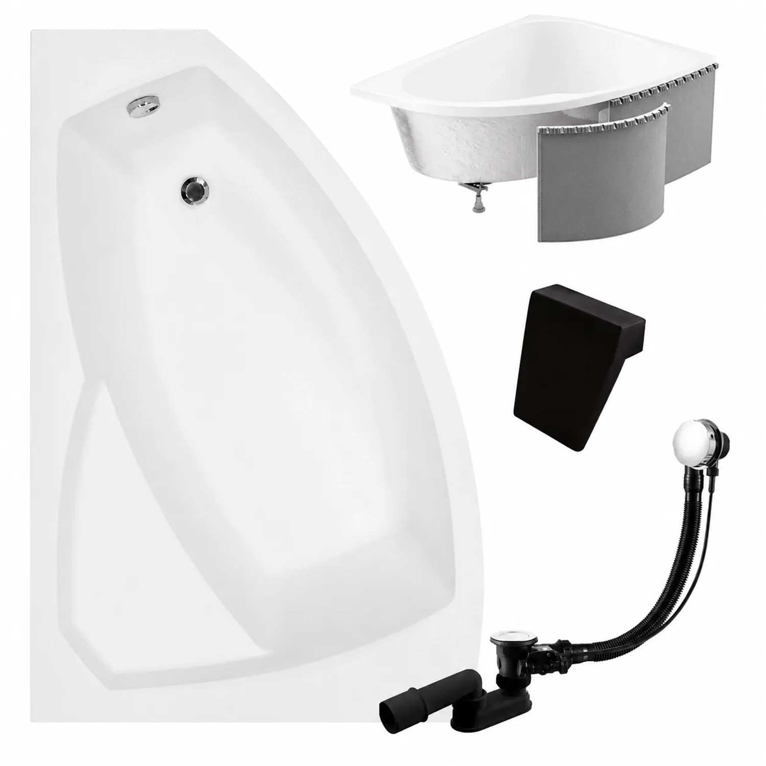 KOLMAN Badewanne Eckwanne 130 x 85 Cm Links Mit Styroporverkleidung Und Schwarzer Kopfstützen Inkl. Ablauf Und Füße