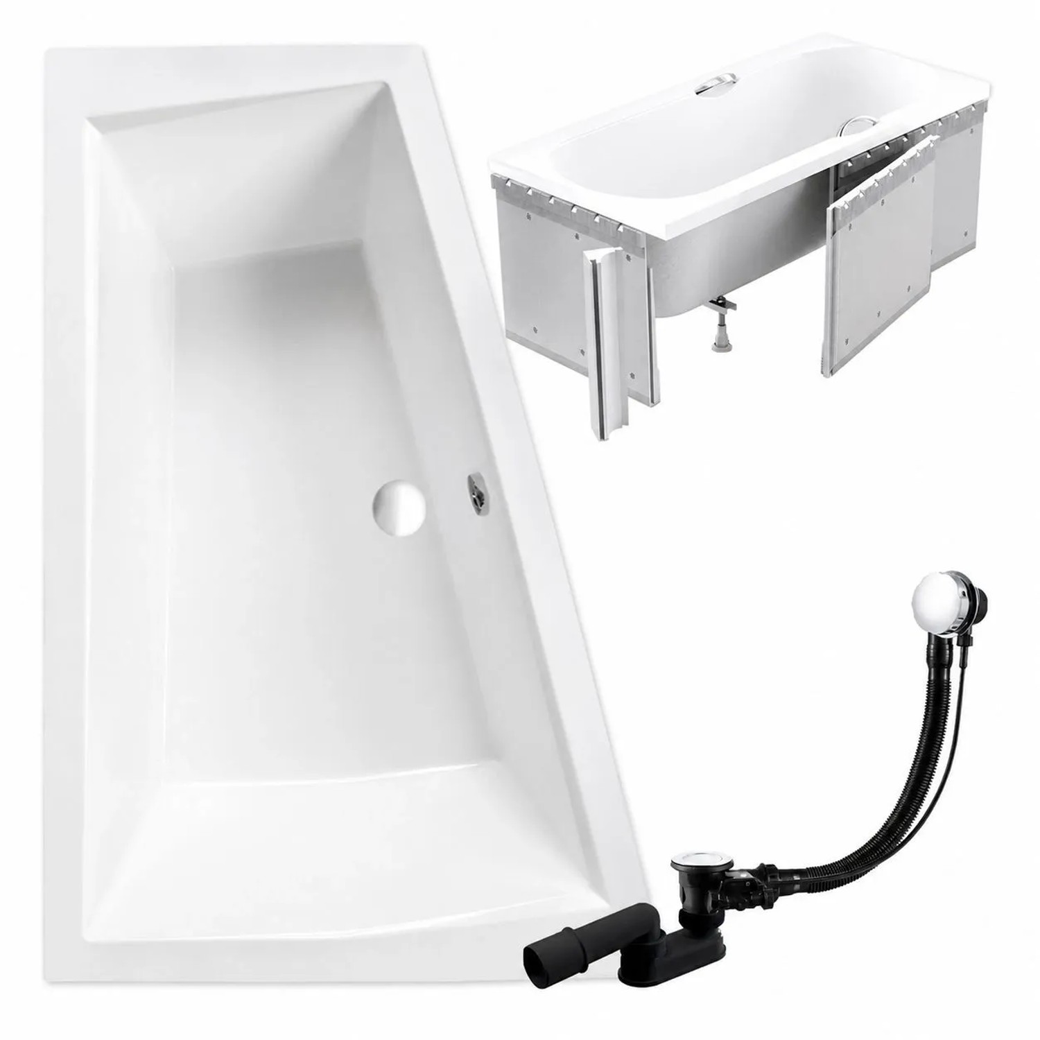 KOLMAN Badewanne Eckwanne 180 x 125 Cm Links Mit Styroporverkleidung Ablage 4Cm Und 2X Kopfstützen Inkl. Ablauf Und Füße