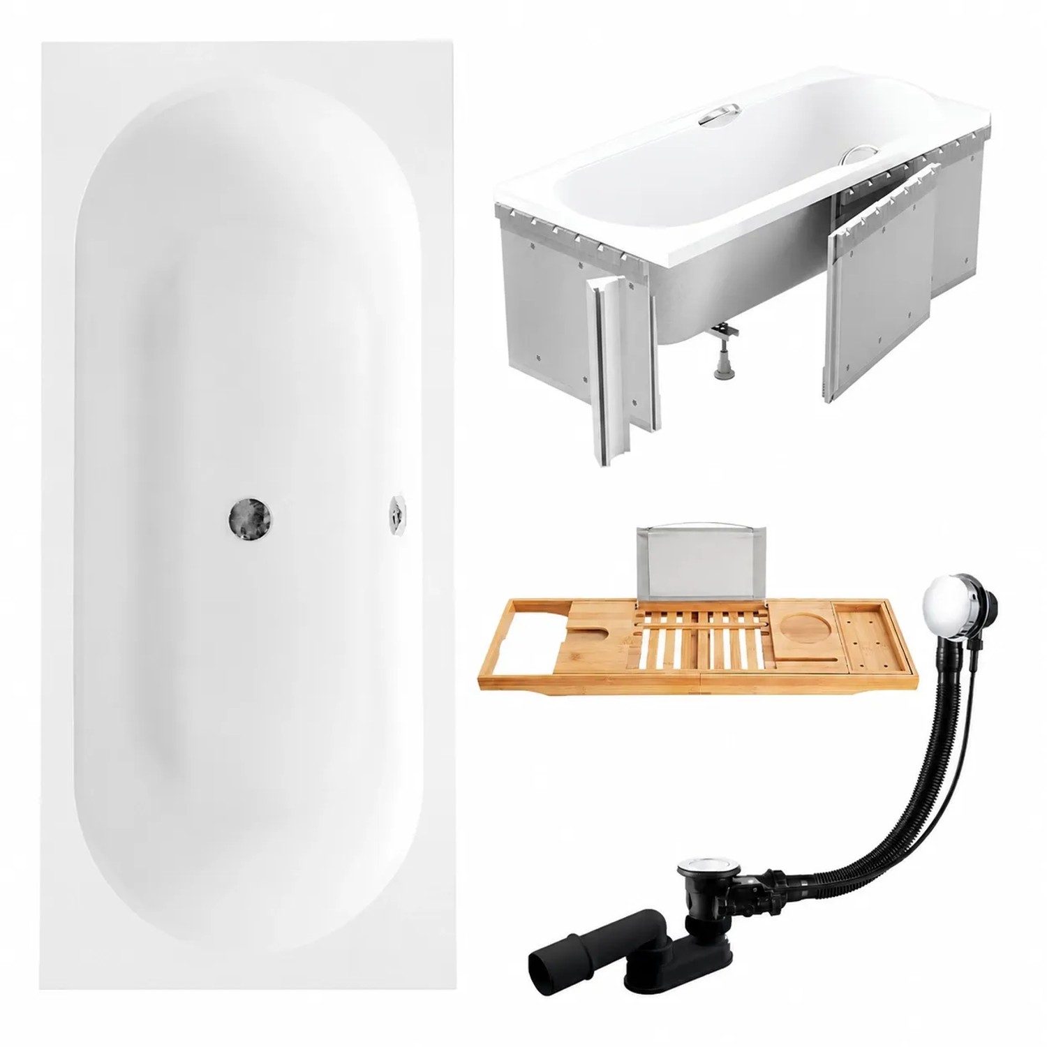 KOLMAN Badewanne Rechteck 150 x 75 Cm Mit Styroporverkleidung Mit Bambus Badewannenablage Inkl. Ablauf Und Füße