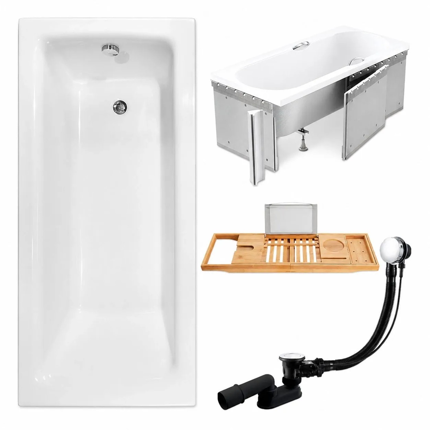 KOLMAN Badewanne Rechteck 100 x 70 Cm Mit Styroporverkleidung Mit Bambus Badewannenablage Inkl. Ablauf Und Füße