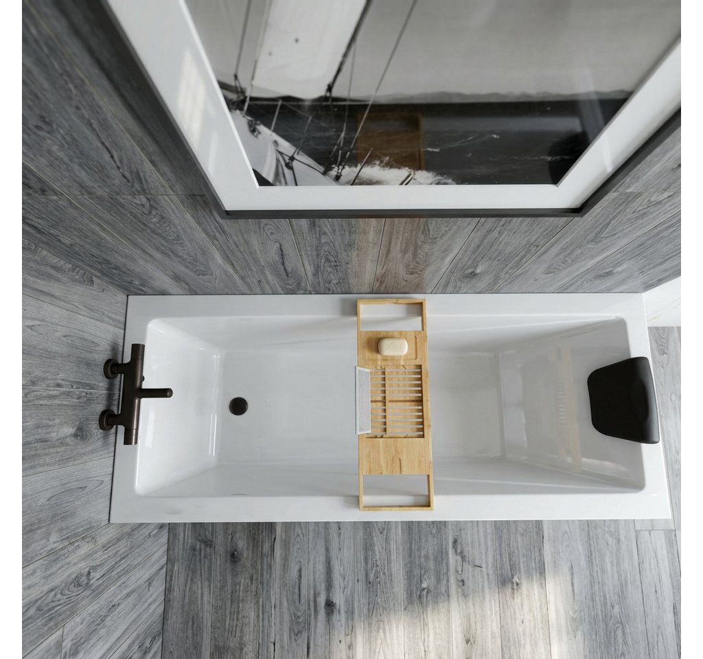 KOLMAN Badewanne Rechteck 120 x 70 Cm Mit Acrylschürze Mit Bambus Badewannenablage Mit Kopfstütze KODI Inkl. Ablauf Und Füße