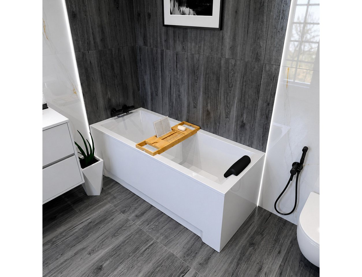 KOLMAN Badewanne Rechteck 120 x 70 Cm Mit Acrylschürze Mit Bambus Badewannenablage Mit Kopfstütze KODI Inkl. Ablauf Und Füße Bild 2