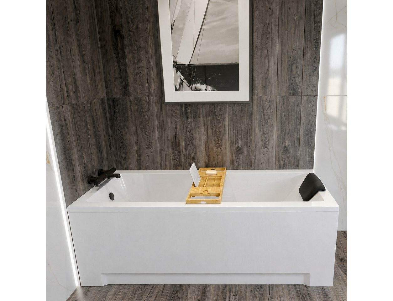KOLMAN Badewanne Rechteck 120 x 70 Cm Mit Acrylschürze Mit Bambus Badewannenablage Mit Kopfstütze KODI Inkl. Ablauf Und Füße Bild 3
