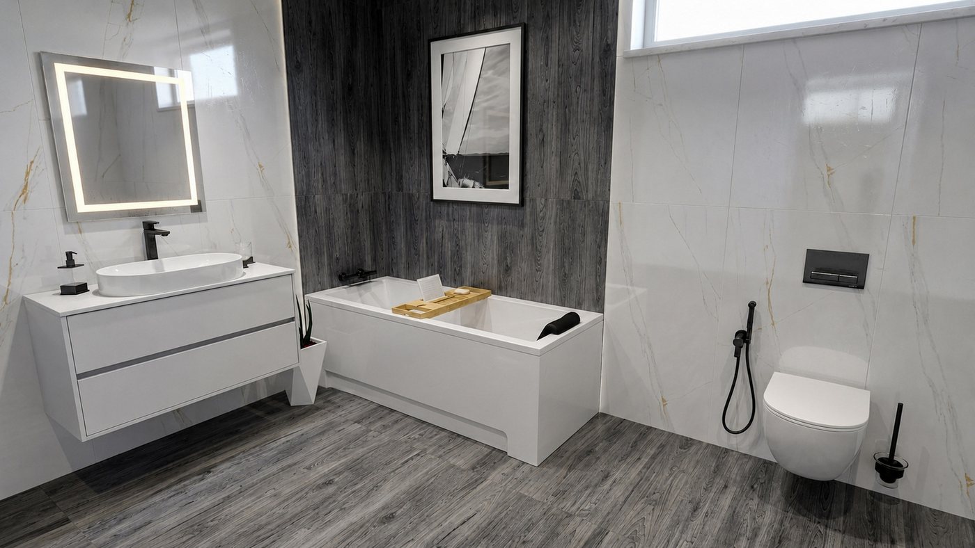 KOLMAN Badewanne Rechteck 120 x 70 Cm Mit Acrylschürze Mit Bambus Badewannenablage Mit Kopfstütze KODI Inkl. Ablauf Und Füße Bild 5