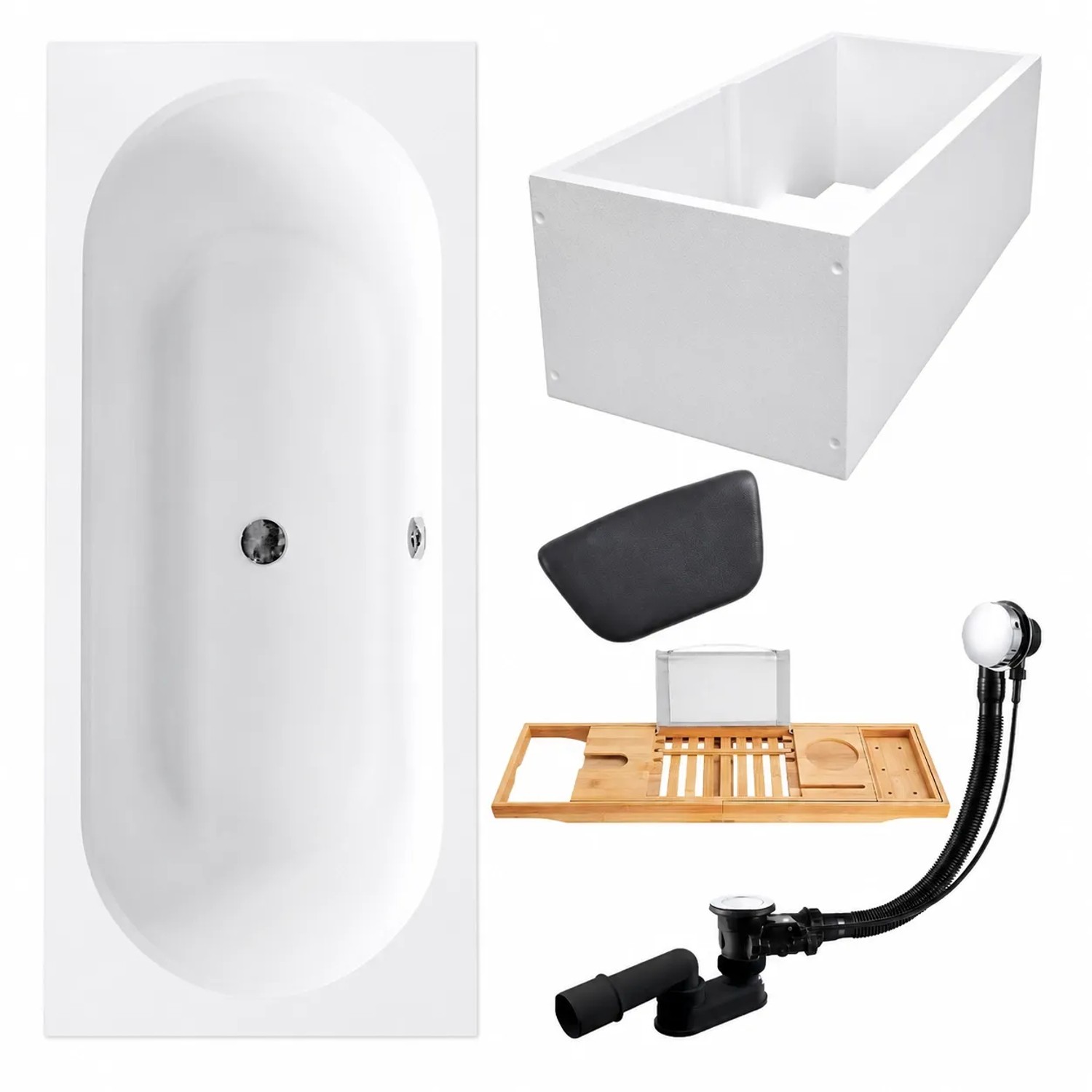 KOLMAN Badewanne Rechteck 170 x 75 Cm Mit Wannenträger Mit Bambus Badewannenablage Mit Kopfstütze Inkl. Ablauf Und Füße