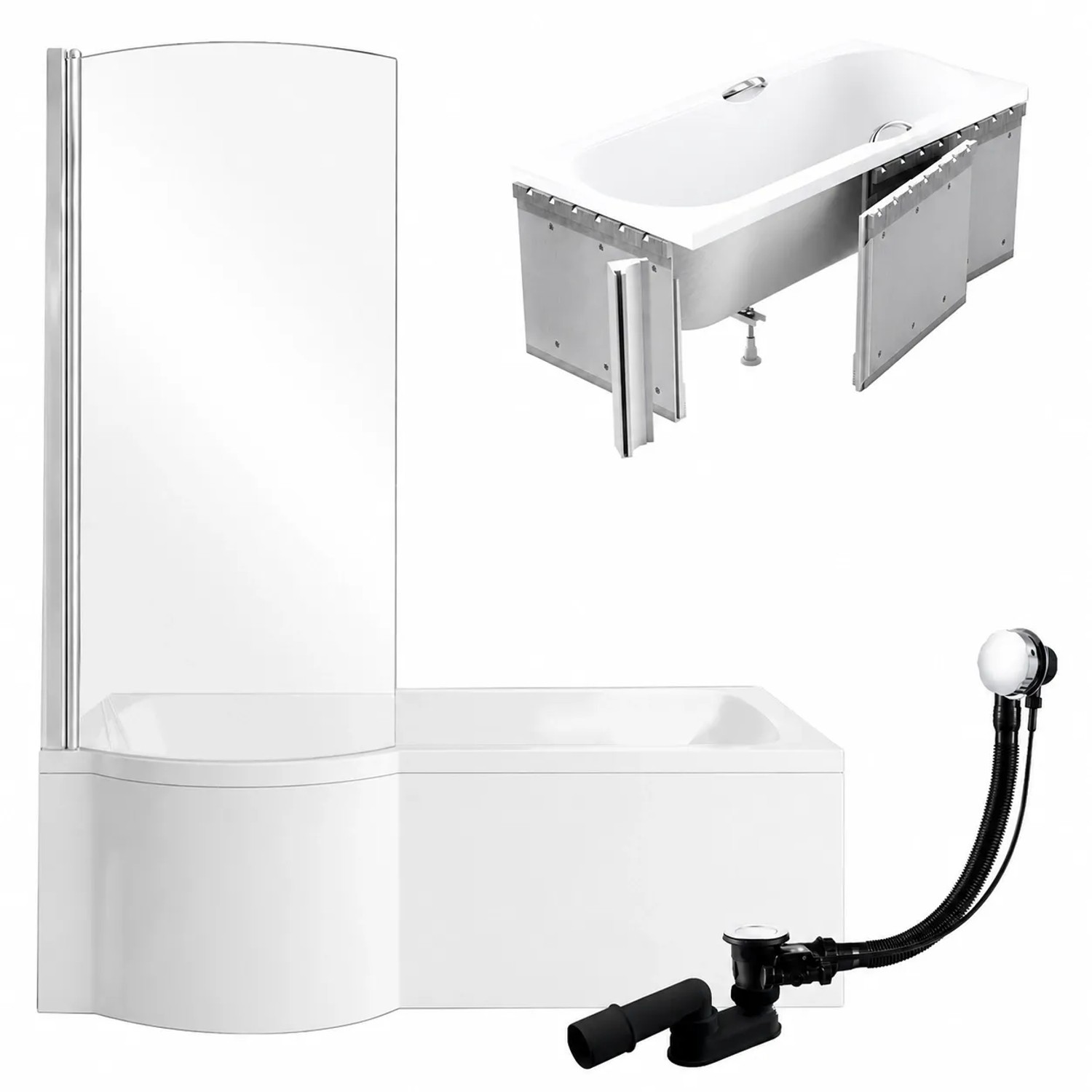 KOLMAN Badewanne Rechteck 160 x 70 Cm Links Mit Glasabtrennung Inkl. Ablauf Und Füße