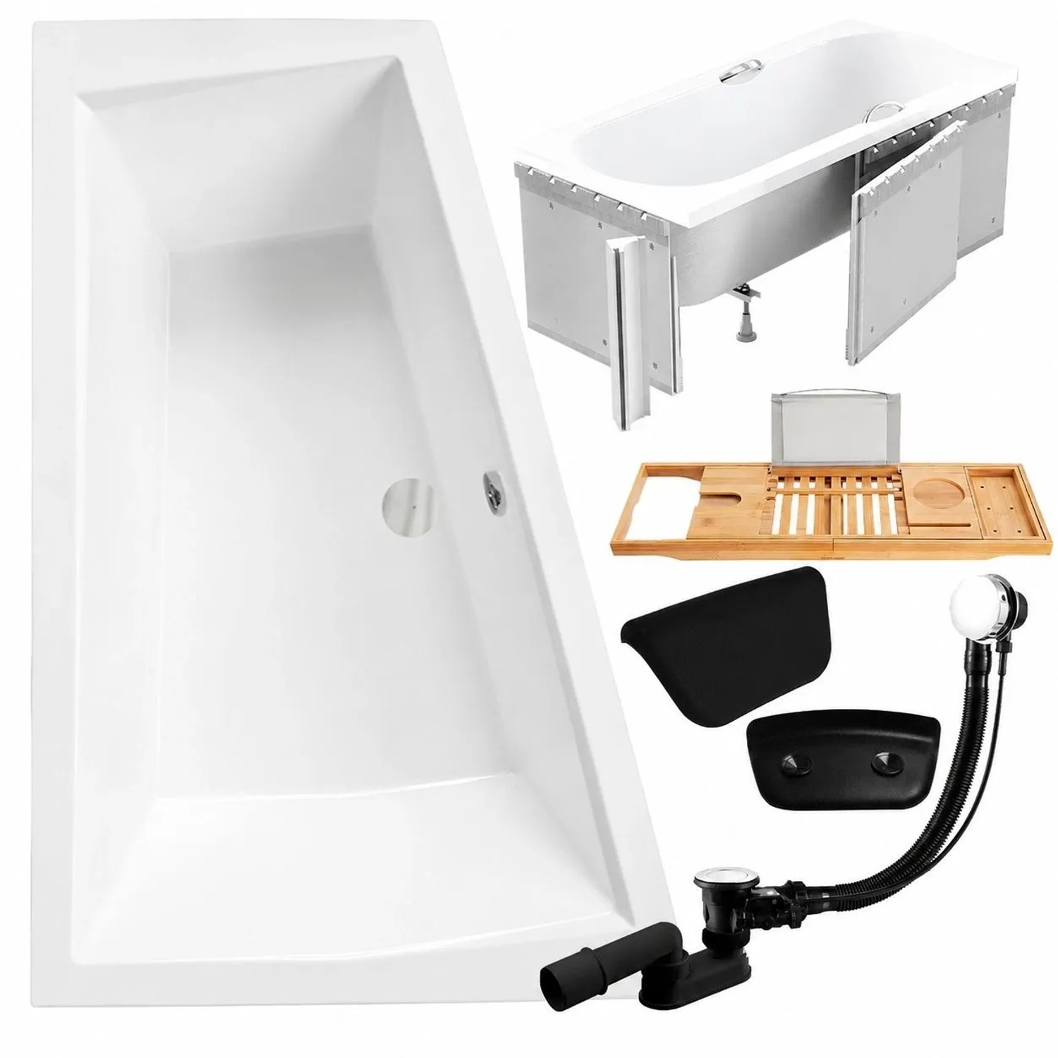 KOLMAN Badewanne Eckwanne Links 170 x 125 Cm Mit Styroporverkleidung Mit Bambus Badewannenablage Mit Kopfstütze KODI Inkl. Ablauf Und Füße