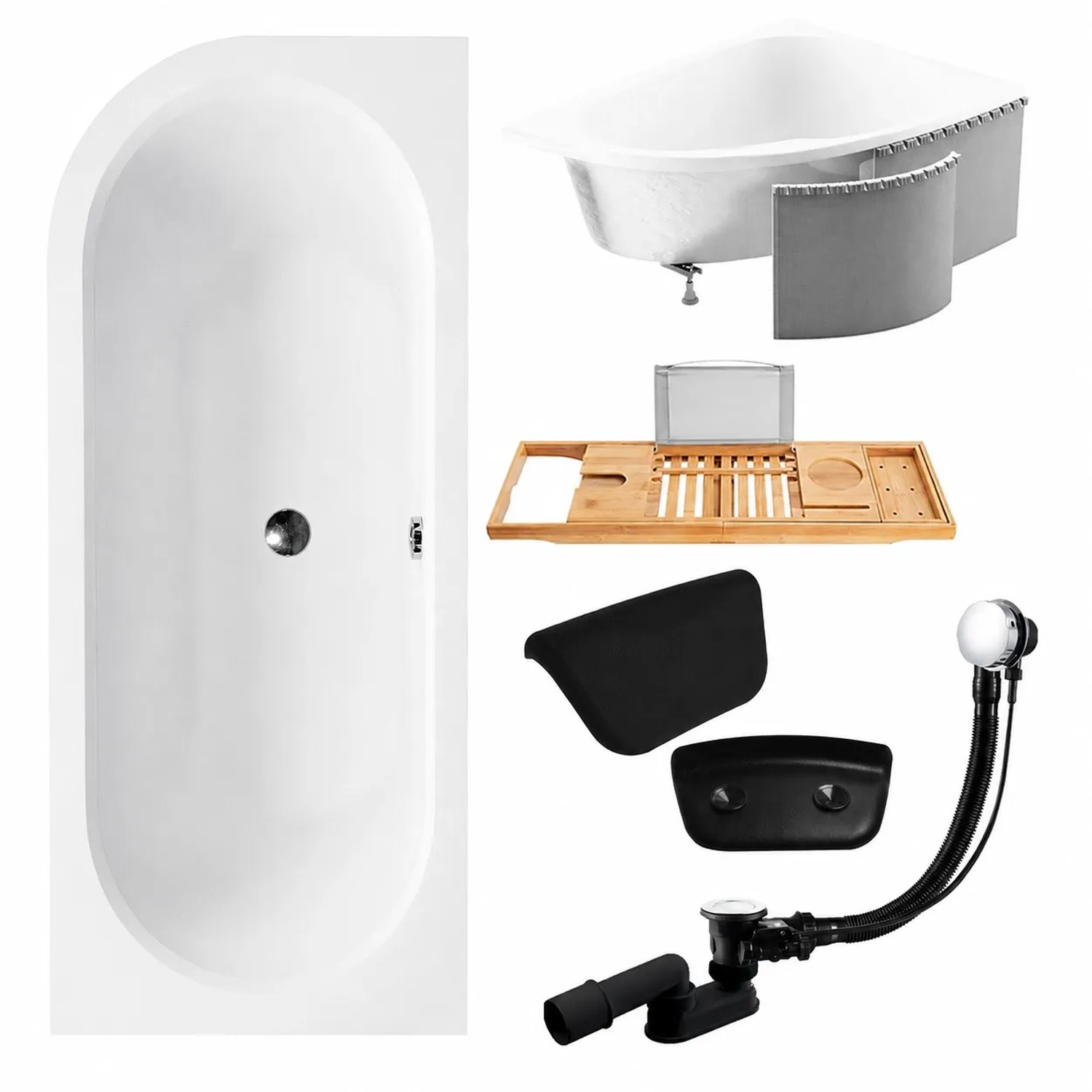 KOLMAN Badewanne Eckwanne 160 x 75 Cm Rechts Mit Styroporverkleidung Mit Bambus Badewannenablage Mit Kopfstütze KODI Inkl. Ablauf Und Füße