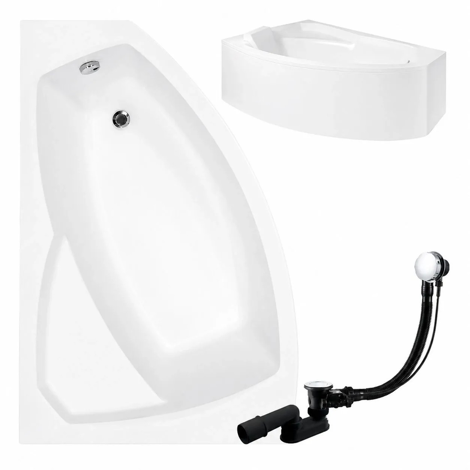 KOLMAN Badewanne Eckwanne 130 x 85 Cm Links Mit Acrylschürze Und Weißer Kopfstützen Inkl. Ablauf Und Füße