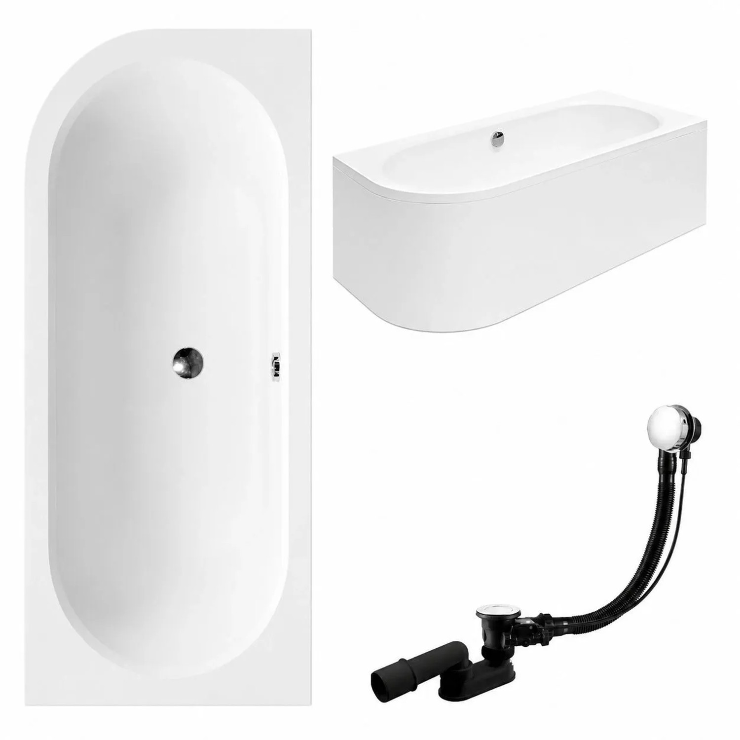 KOLMAN Badewanne Eckwanne 170 x 75 Cm Rechts Mit Acrylschürze Mit Bambus Badewannenablage Mit Kopfstütze KODI Inkl. Ablauf Und Füße