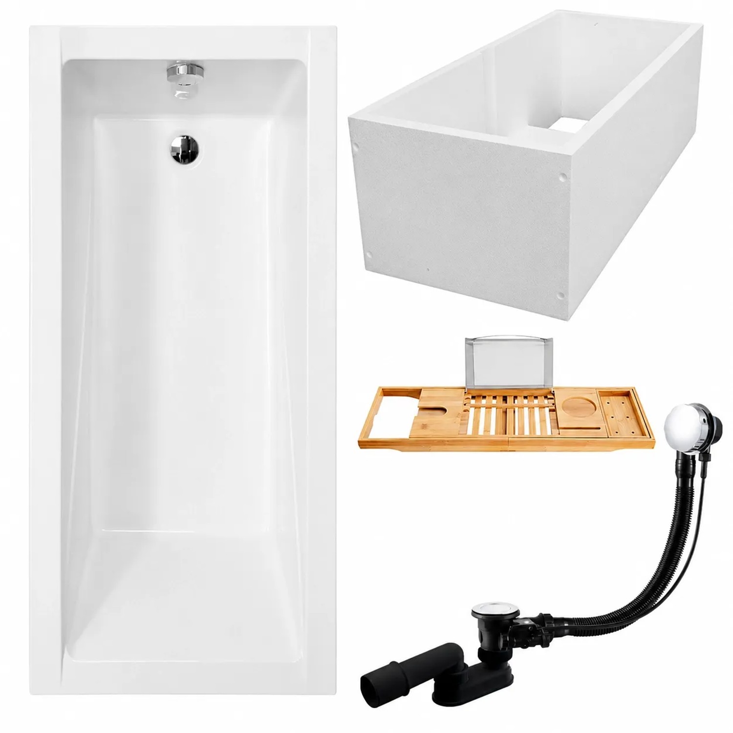 KOLMAN Badewanne Rechteck 130 x 70 Cm Mit Wannenträger Mit Bambus Badewannenablage Inkl. Ablauf Und Füße