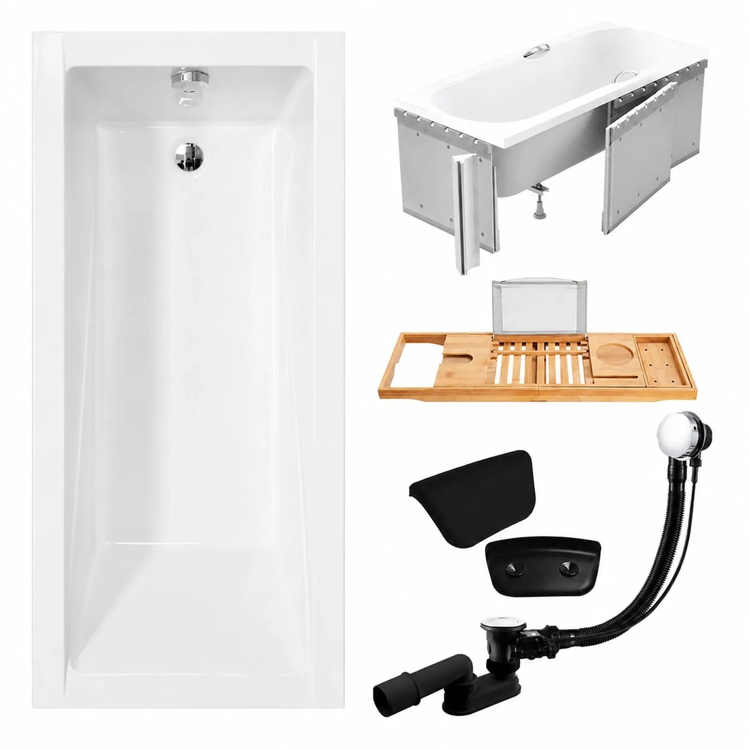 KOLMAN Badewanne Rechteck 120 x 70 Cm Mit Styroporverkleidung Mit Bambus Badewannenablage Mit Kopfstütze KODI Inkl. Ablauf Und Füße