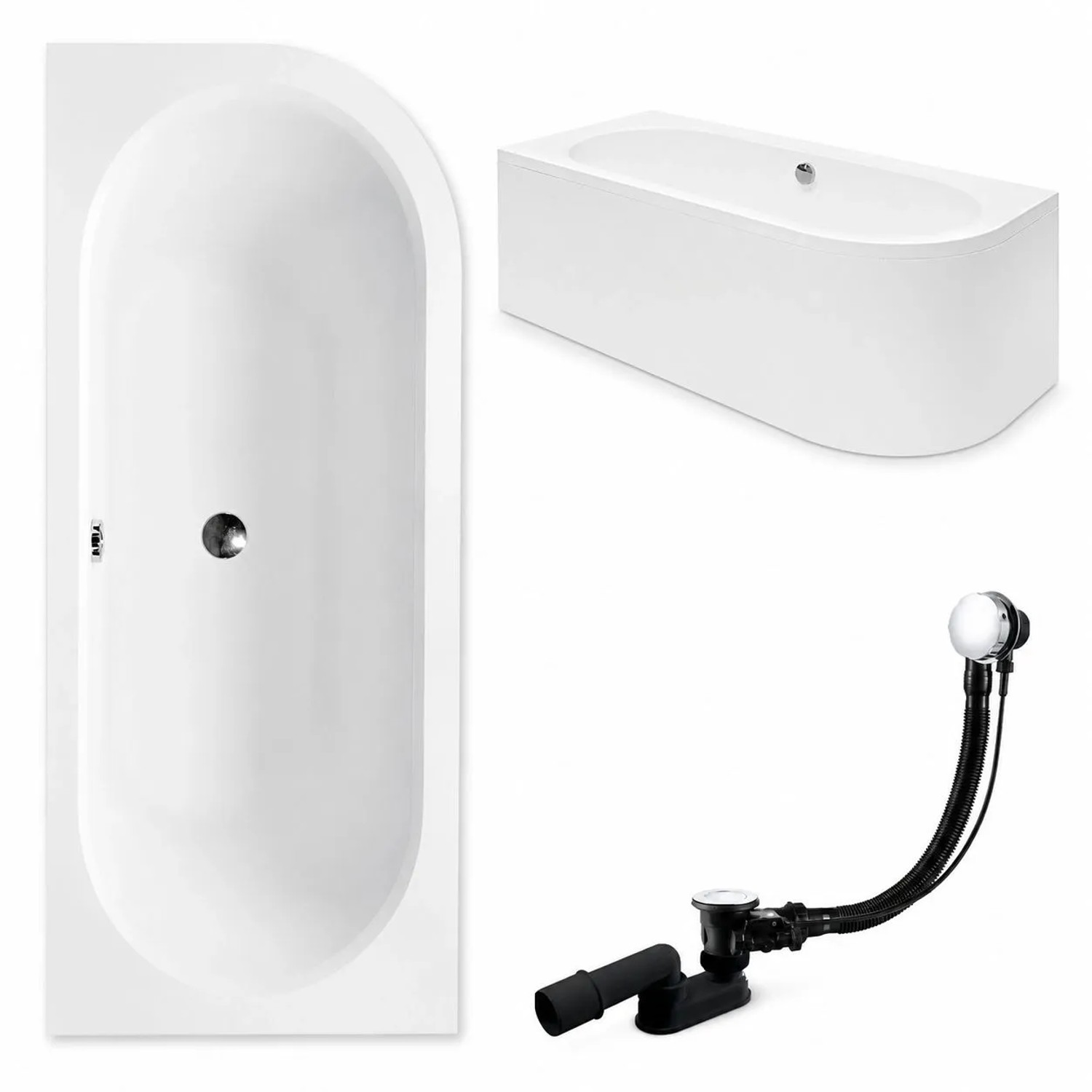 KOLMAN Badewanne Eckwanne 170 x 75 Cm Links Mit Acrylschürze Mit Bambus Badewannenablage Mit Kopfstütze KODI Inkl. Ablauf Und Füße